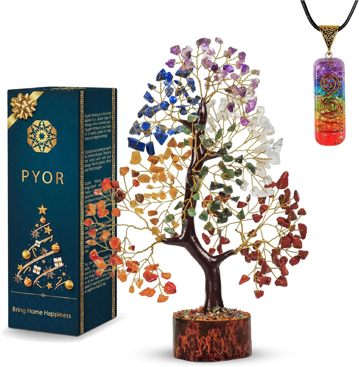 PYOR Chakra Tree with Crystals - Ideal Housewarming and Birthday Gifts for Women - Elegant Office Decor and Reiki Healing Gemstone Tree - Includes Crystal Star Merkaba
