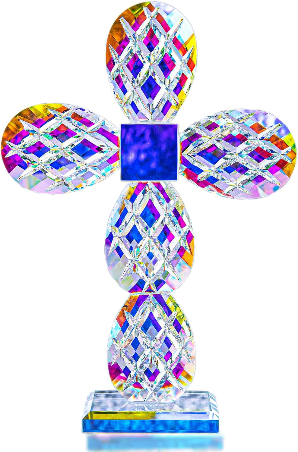 Qfkris 9-Inch Colorful Crystal Cross Figurine - Modern Glass Craft for Memorial Gifts and Christian Decor