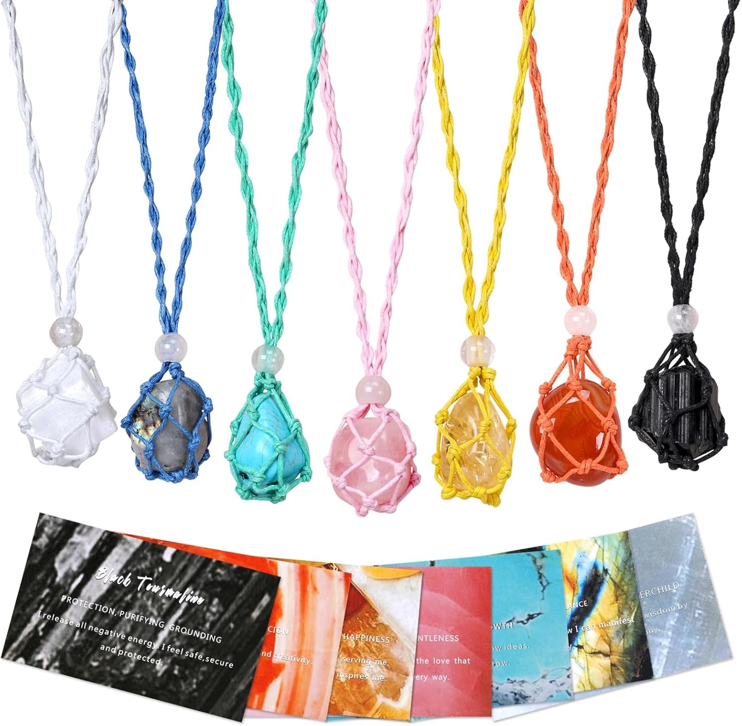 7 Chakra Healing Crystal Necklace Set - Handmade Bohemian Cord Cage with Genuine Crystals and Healing Stones - Spiritual Jewelry Gift for Women and Teens