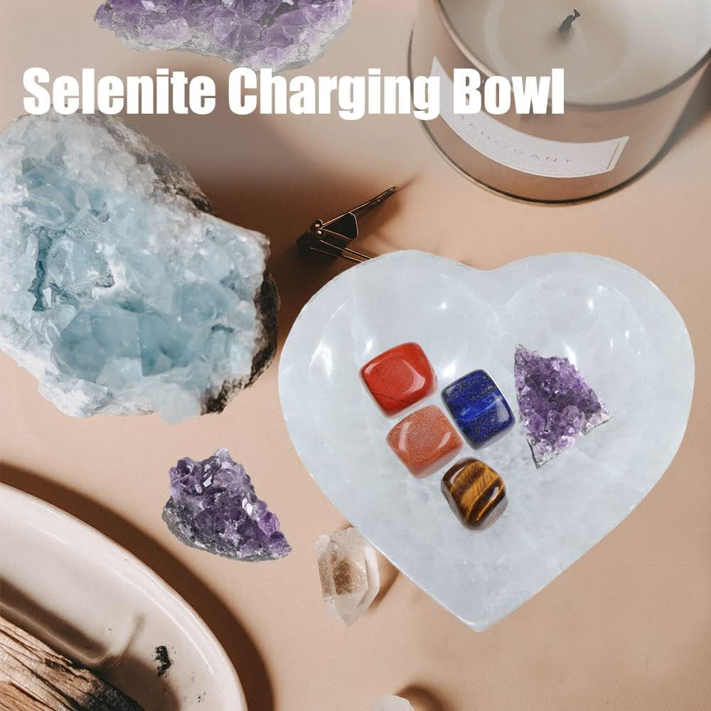 JIC Gem 5-Inch Hand-Carved Heart-Shaped Selenite Bowl - Moroccan Selenite Crystals for Cleansing, Charging, and Decorative Purposes or Gifting