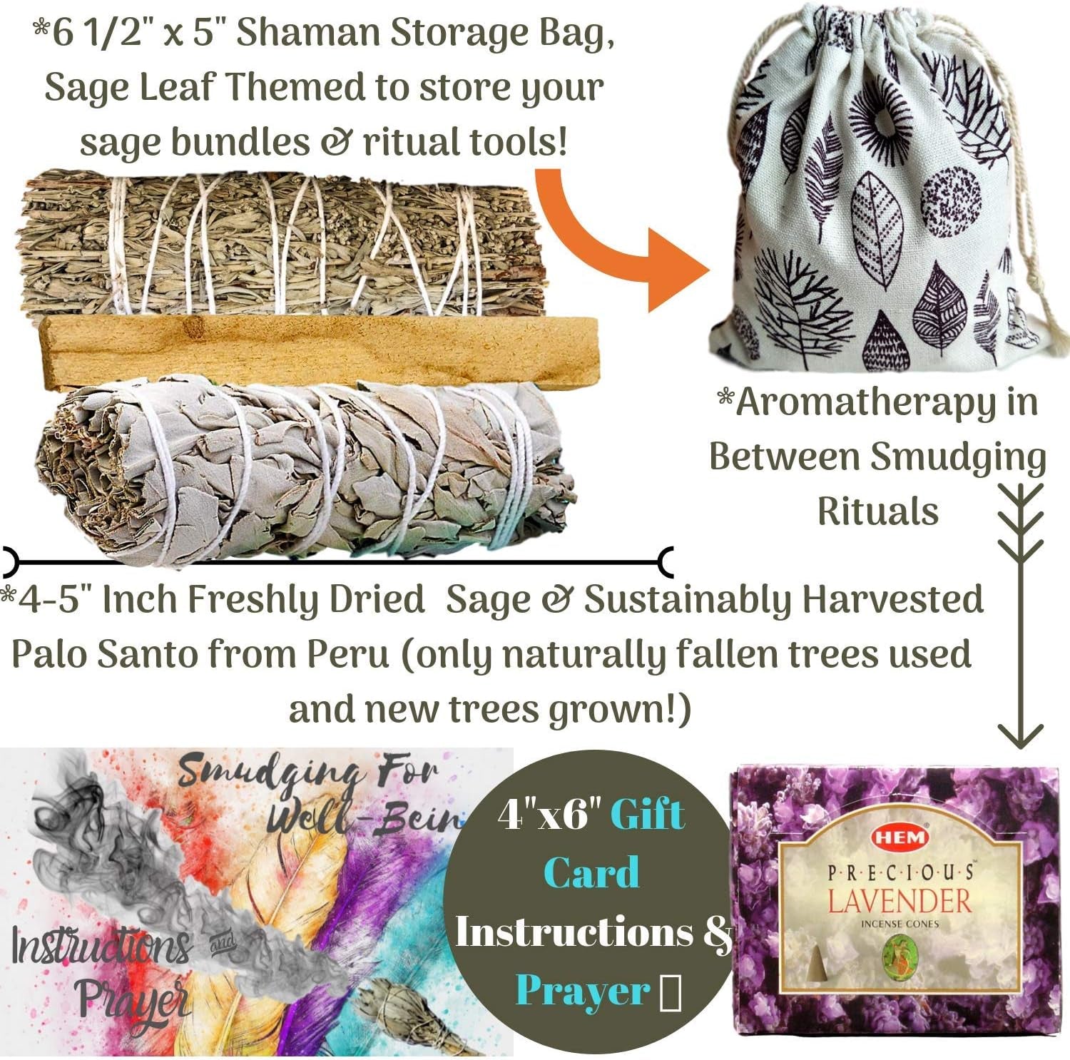 Sage Smudge Kit: Comprehensive 12-Piece Spiritual Gift Set with XL Abalone Shell for Cleansing and Healing Energy (Tiger's Eye/Lavender)