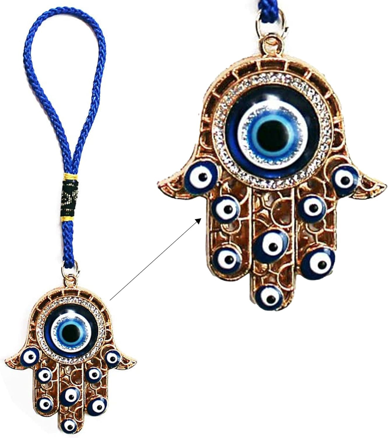 LUCKBOOSTIUM Hamsa Hand Evil Eye Keychain with Crystal Rhinestones - Good Luck Charm for Car Accessories, Decorative Hanging Ornament, and Bag Charms (Gold)