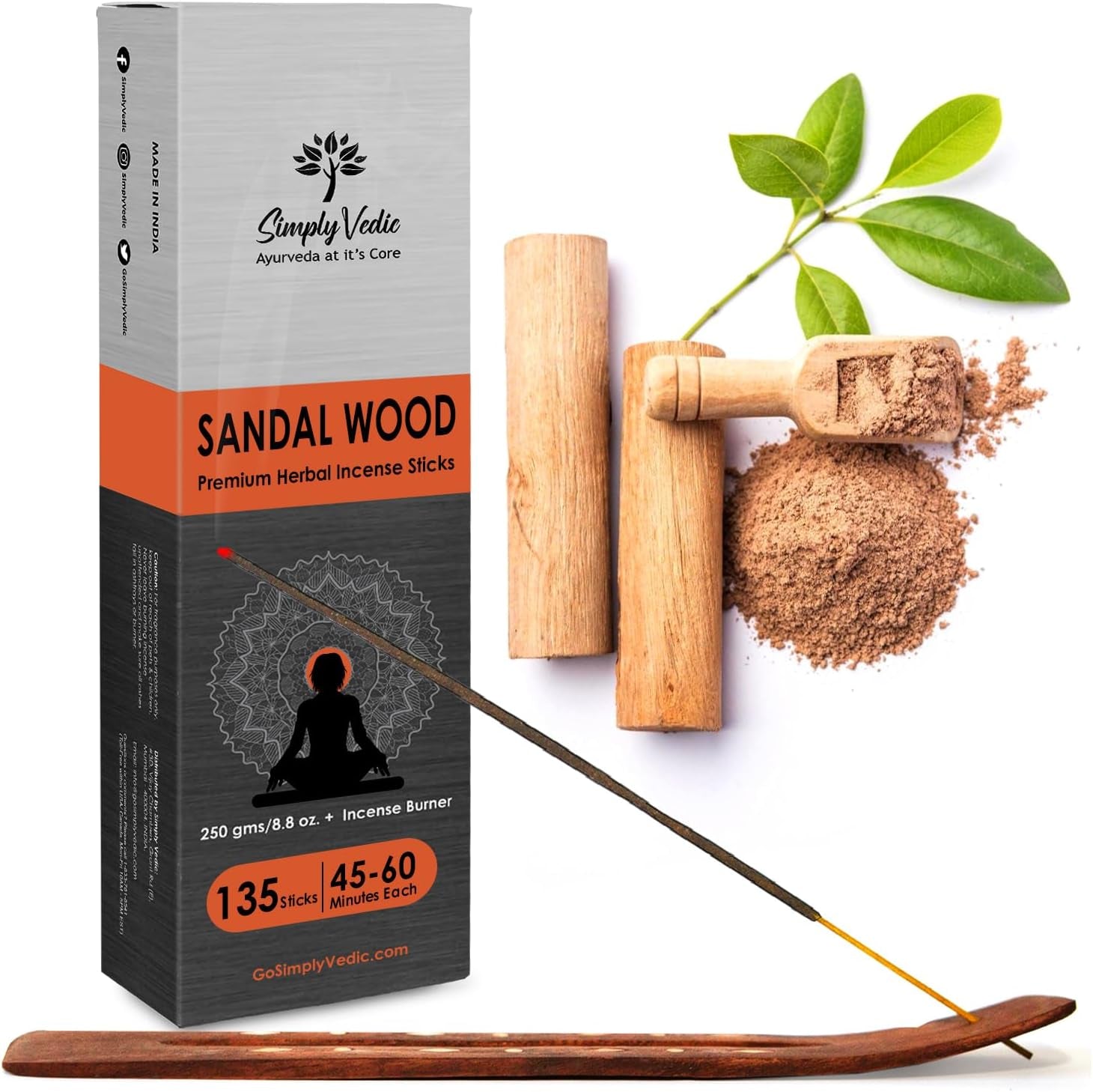 Vedic Sandalwood Incense Sticks 250G (Approx. 135 Handmade Sticks) with Complimentary Holder | 45-Minute Burn Time | Natural Charcoal-Free Agarbatti for Meditation, Yoga, Aromatherapy, and Relaxation