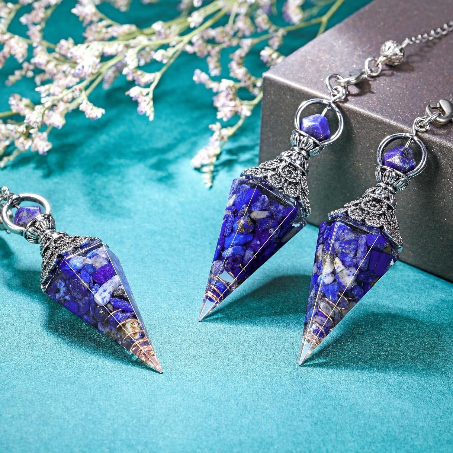 GEHECRST Natural Lapis Lazuli Healing Crystal Pendulum with Hexagonal Faceted Point, Orgone Resin Spiritual Pendant for Divination, Reiki, and Energy Balancing