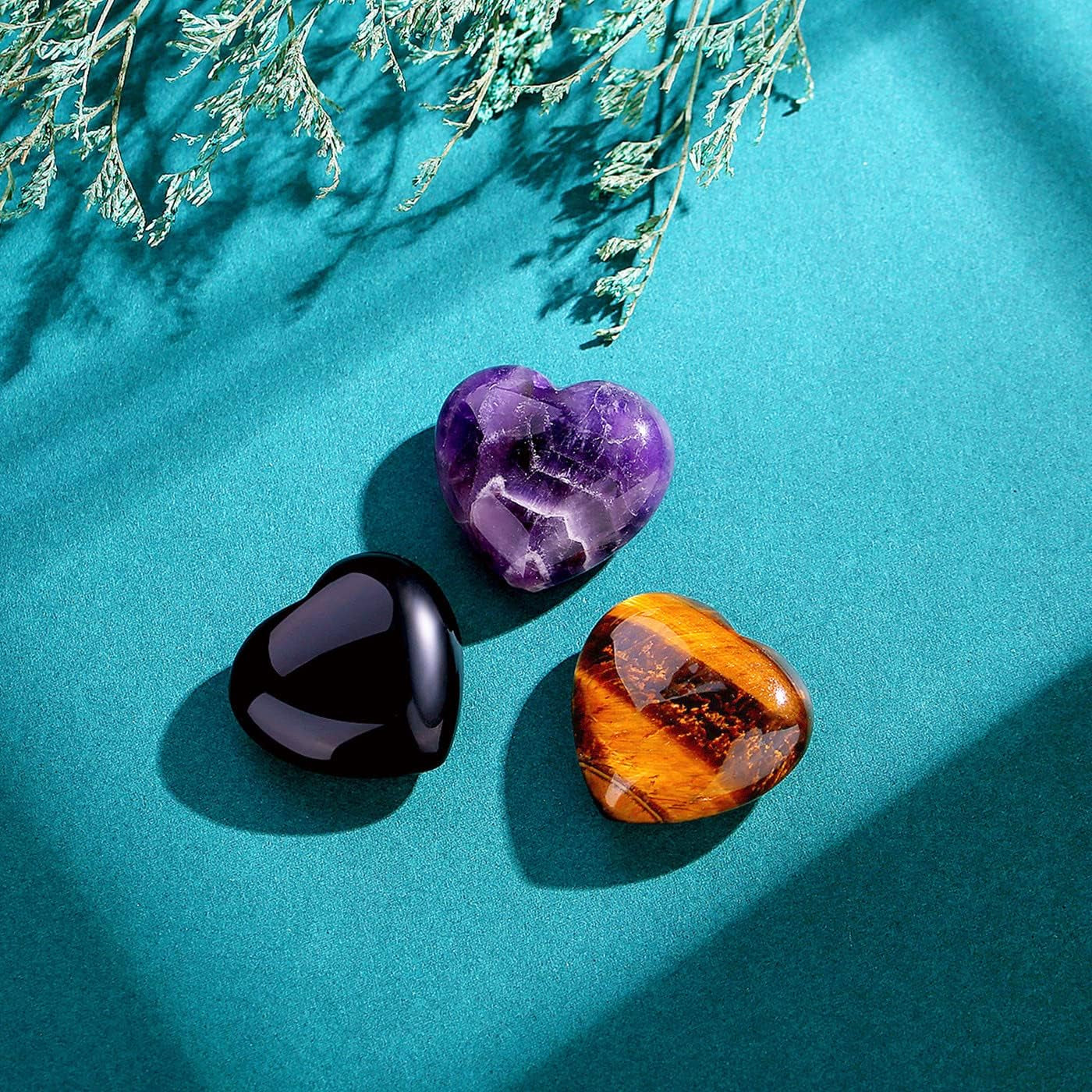 QINJIEJIE Set of 3 Large 1.2" Heart-Shaped Healing Crystals: Amethyst, Obsidian, and Tiger's Eye for Reiki Energy Balancing and Therapeutic Use