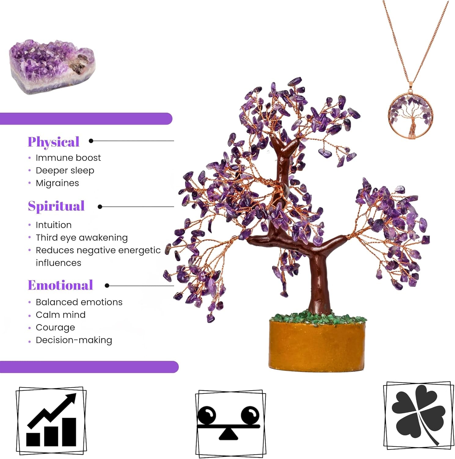 Amethyst Chakra Gemstone Money Tree of Life with Necklace - Handmade Spiritual Decor and Feng Shui Healing Crystal Figurine for Good Luck, Wealth, and Home Office Desk Decoration