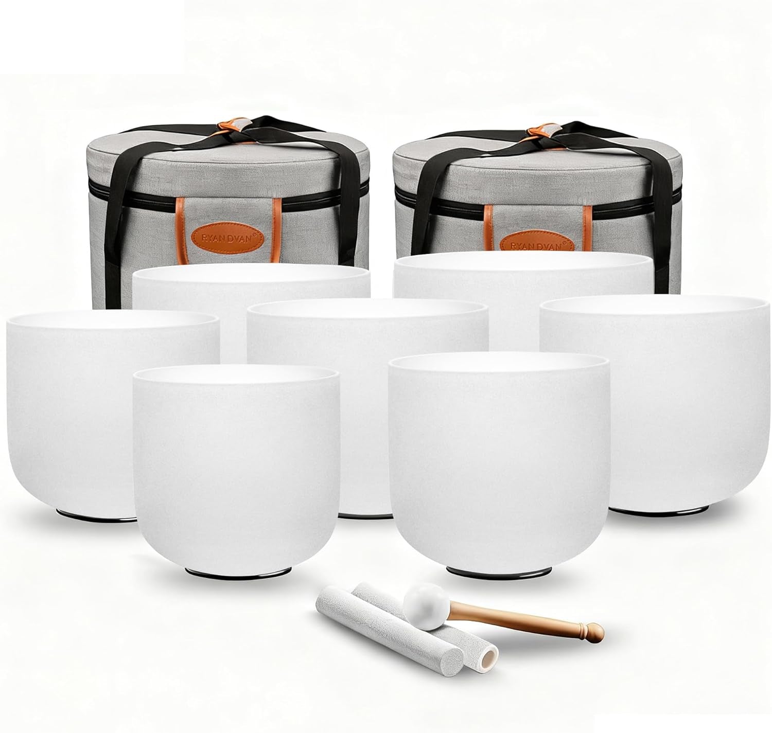 Ryan Dvan 7-12 Inch Frosted Quartz Crystal Singing Bowl Set for Sound Therapy with Mallets, Cases, and O-Ring for Yoga, Meditation, Energy Balancing, and Reiki Healing