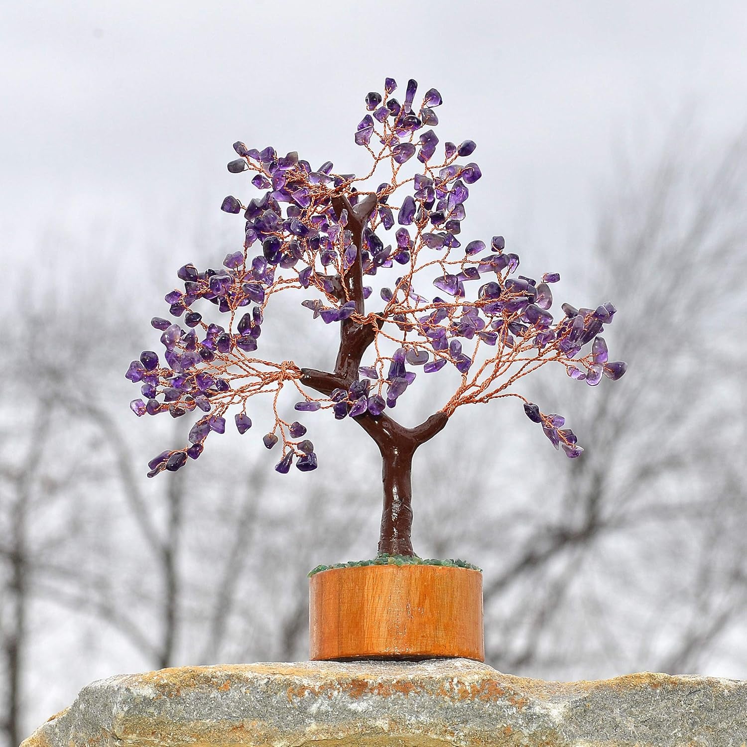 Amethyst Chakra Gemstone Money Tree of Life with Necklace - Handmade Spiritual Decor and Feng Shui Healing Crystal Figurine for Good Luck, Wealth, and Home Office Desk Decoration