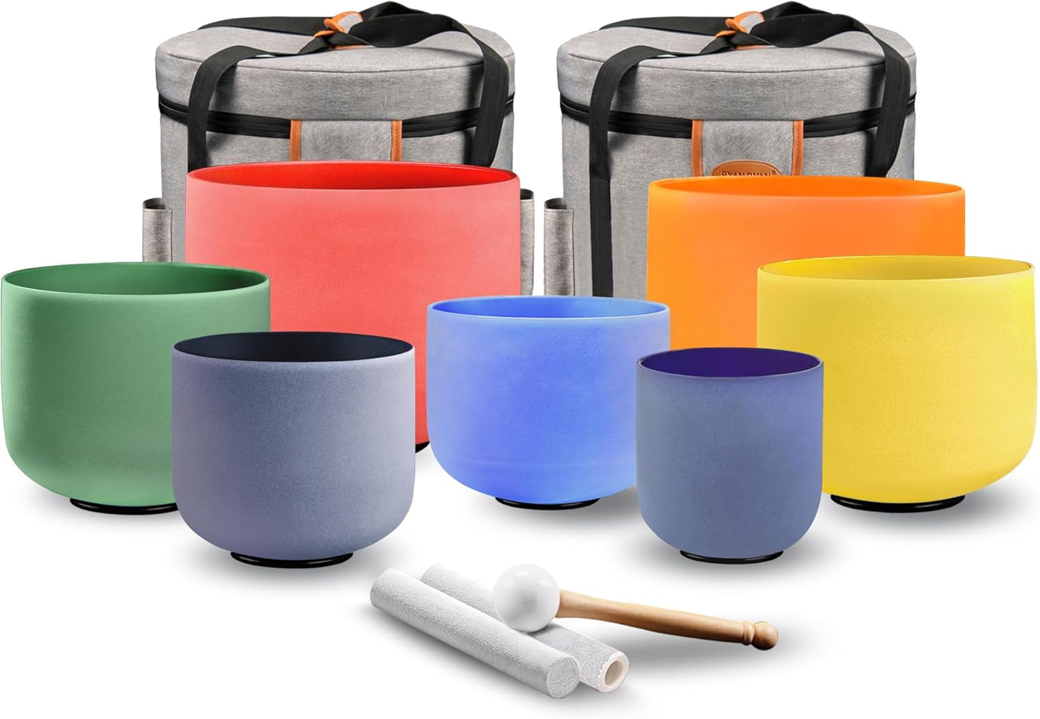 Ryan Dvan 7-12 Inch Frosted Quartz Crystal Singing Bowl Set for Sound Therapy with Mallets, Cases, and O-Ring for Yoga, Meditation, Energy Balancing, and Reiki Healing