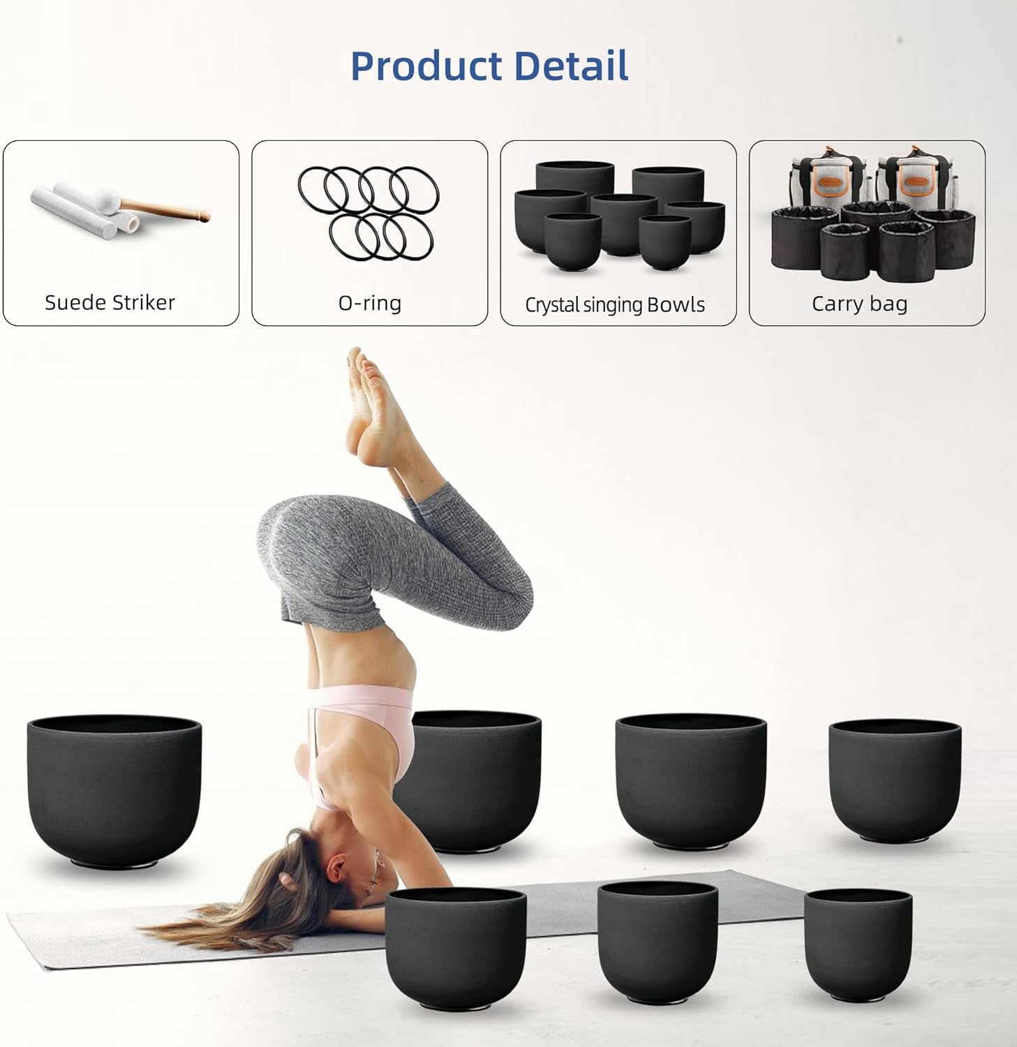 Ryan Dvan 7-12 Inch Frosted Quartz Crystal Singing Bowl Set for Sound Therapy with Mallets, Cases, and O-Ring for Yoga, Meditation, Energy Balancing, and Reiki Healing