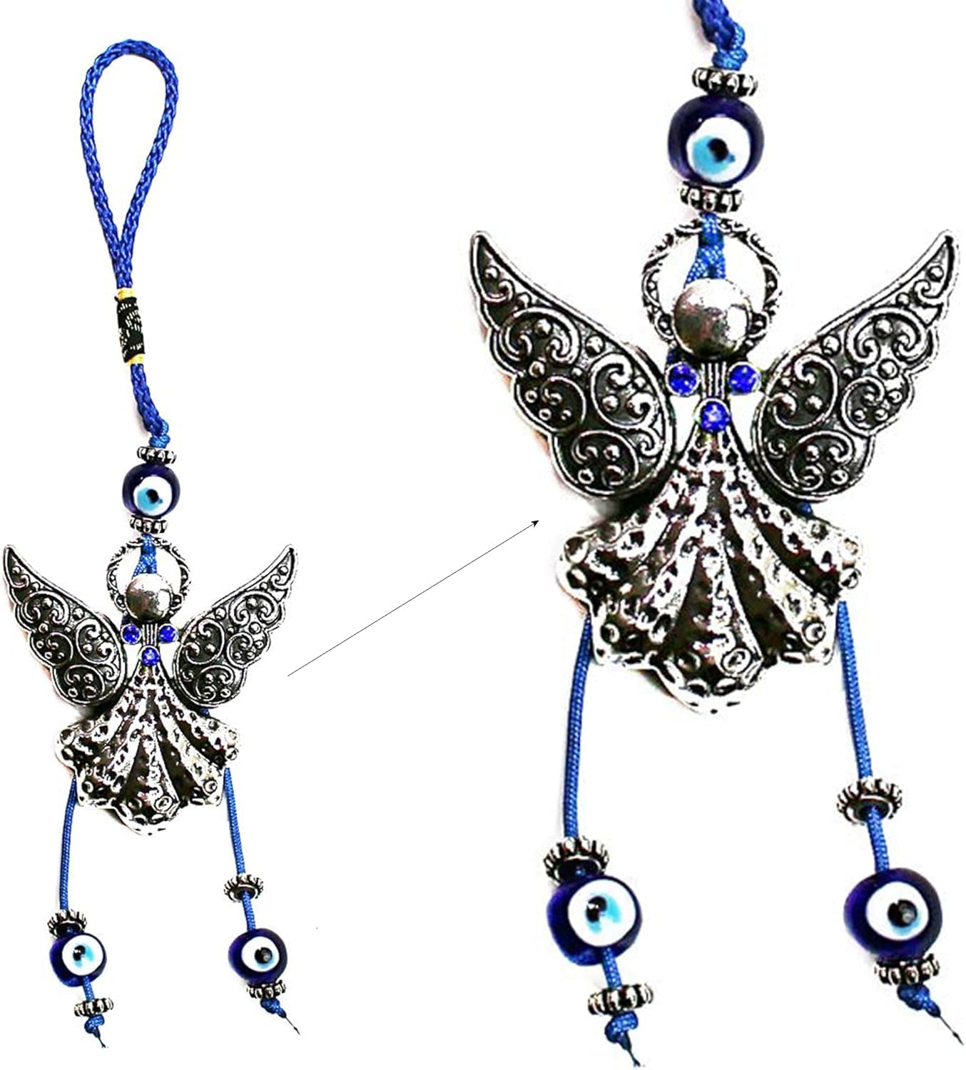 LUCKBOOSTIUM Elegant Angel with Blue Crystal and Evil Eye Hanging Ornament - Good Luck Charm for Home, Keys, Purses, Bags, and Rear View Mirrors - Ideal Gift for Men and Women