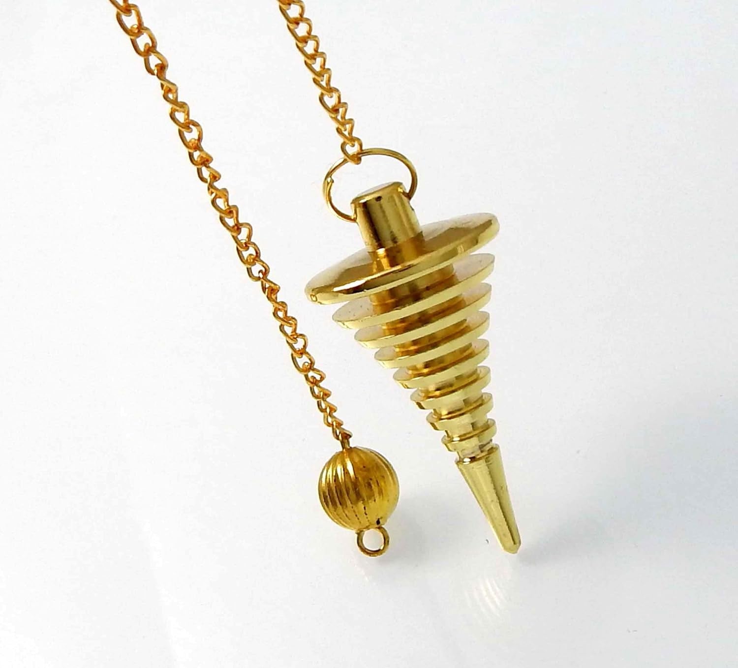 Brass Metal Spiral Pendulum with 9 Ring Coil - Designer Cone Shape for Divination and Healing Dowsing
