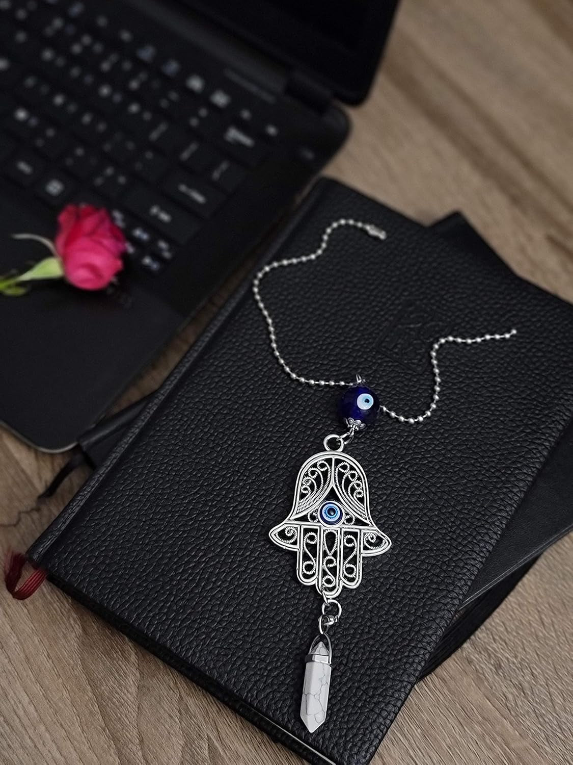 LUCKBOOSTIUM Hand Protection Amulet - Evil Eye Rearview Mirror Hanging Ornament and Good Luck Charm (2" x 11", White Turquoise)