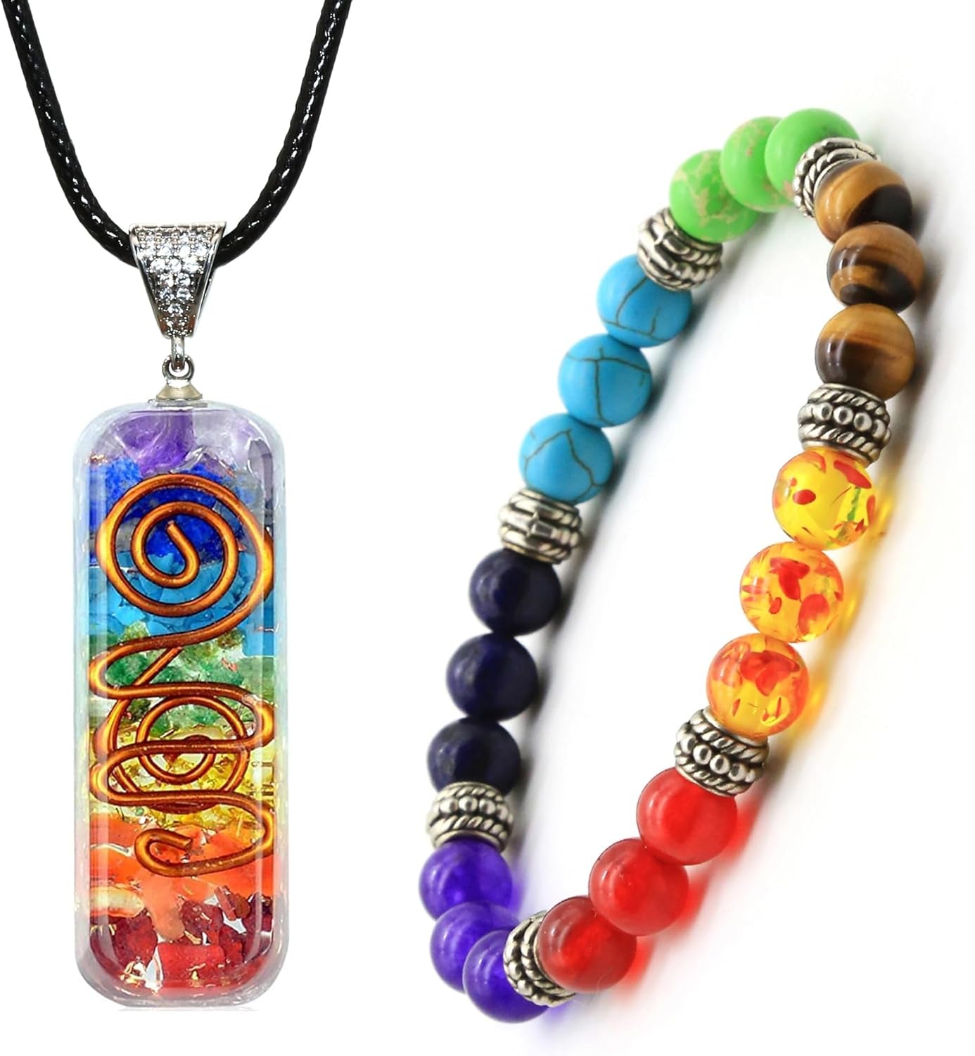 7 Chakra Orgone Energy Protection and Spiritual Healing Necklace and Bracelet Set for Men and Women