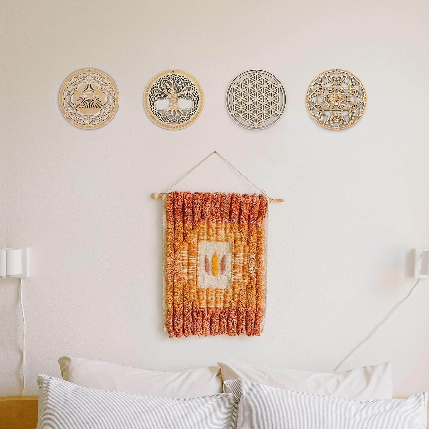 5.31" Sacred Geometry Wall Art Set of 4 (Eye of Horus, Flower of Life, Tree of Life, Metatron's Cube) - Crystal Grid Meditation and Chakra Wooden Decor for Yoga and Spiritual Gifting