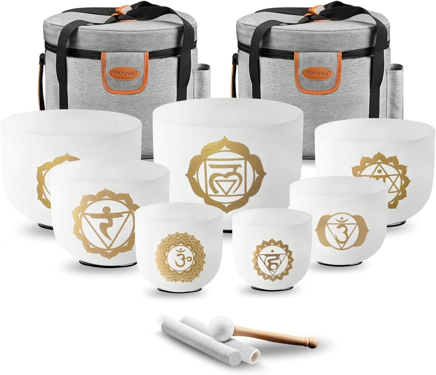 Ryan Dvan 7-12 Inch Frosted Quartz Crystal Singing Bowl Set for Sound Therapy with Mallets, Cases, and O-Ring for Yoga, Meditation, Energy Balancing, and Reiki Healing