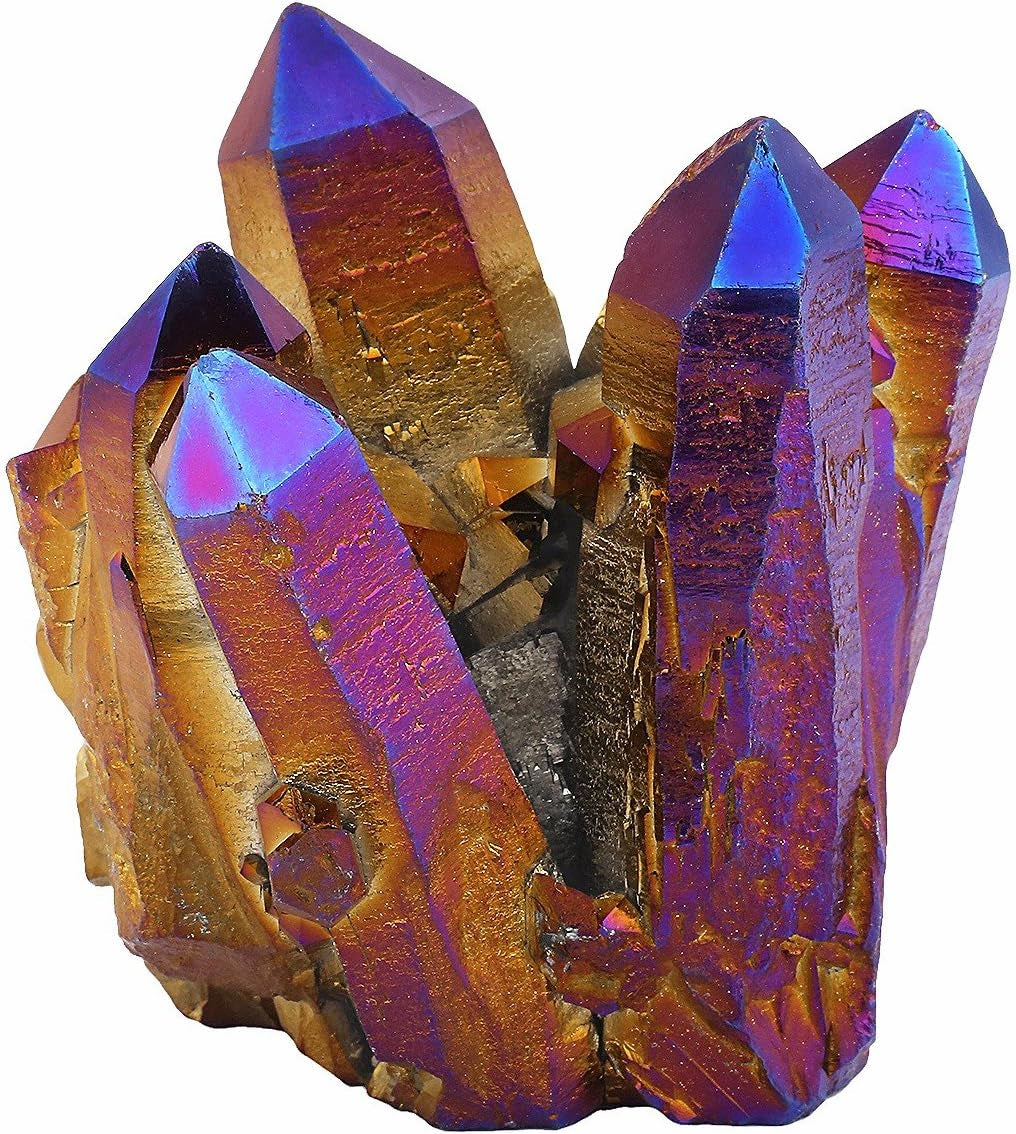Mookaitedecor Titanium-Coated Natural Rock Crystal Cluster Geode Specimen in Purple and Gold
