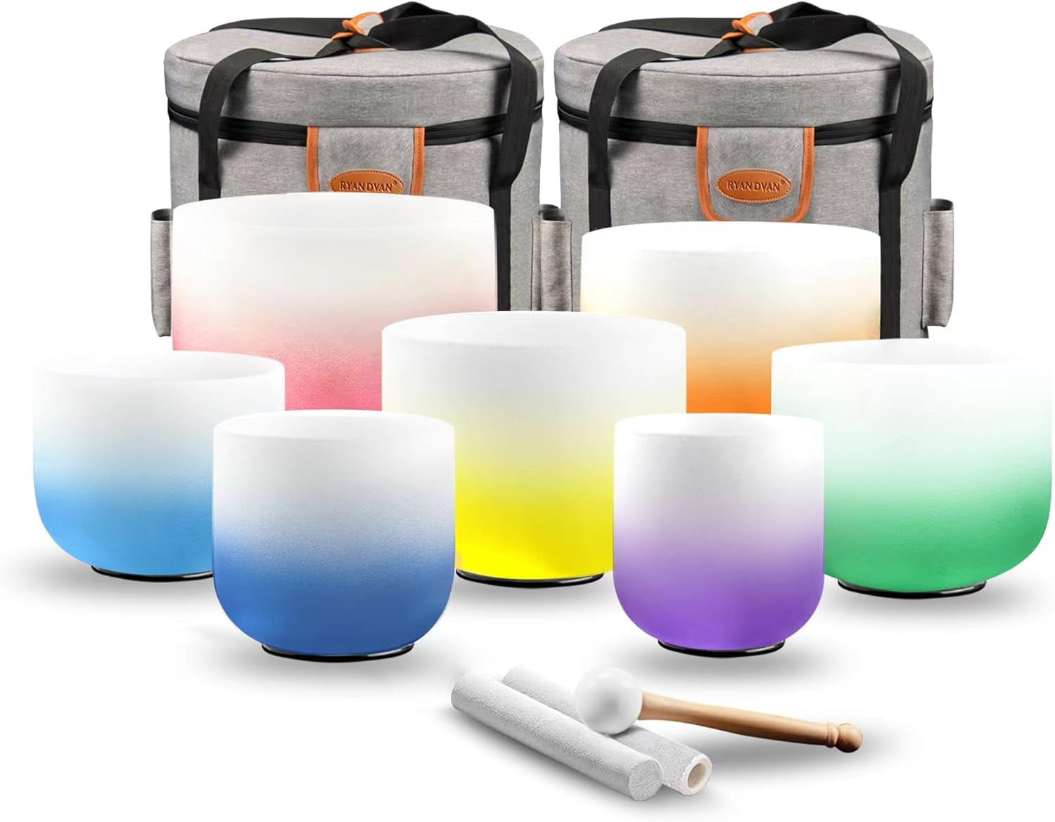 Ryan Dvan 7-12 Inch Frosted Quartz Crystal Singing Bowl Set for Sound Therapy with Mallets, Cases, and O-Ring for Yoga, Meditation, Energy Balancing, and Reiki Healing