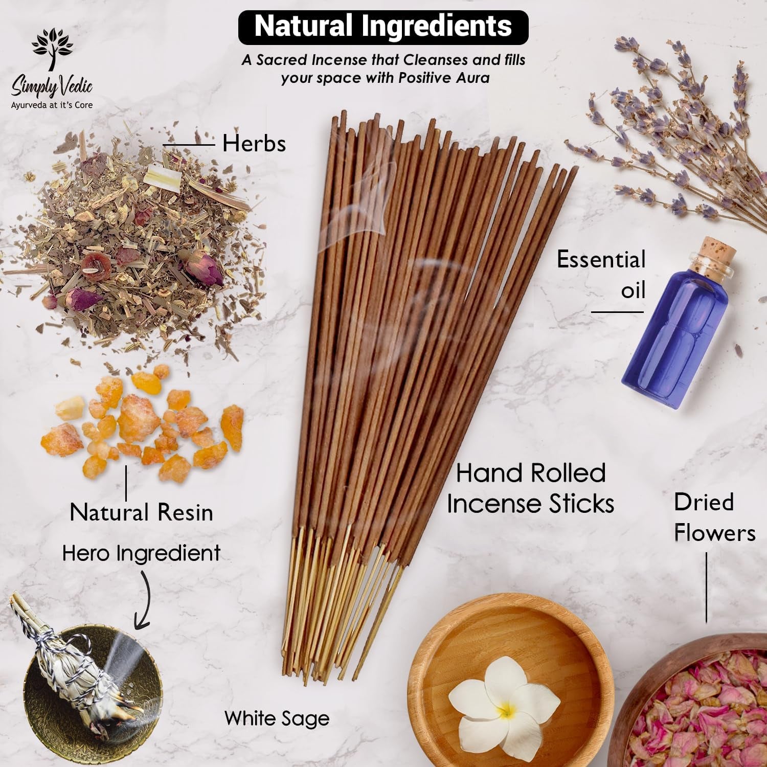 Vedic White Sage Incense Sticks - 250g (135 Sticks + Holder) for Natural Aromatherapy, Meditation, Yoga, and Spiritual Healing