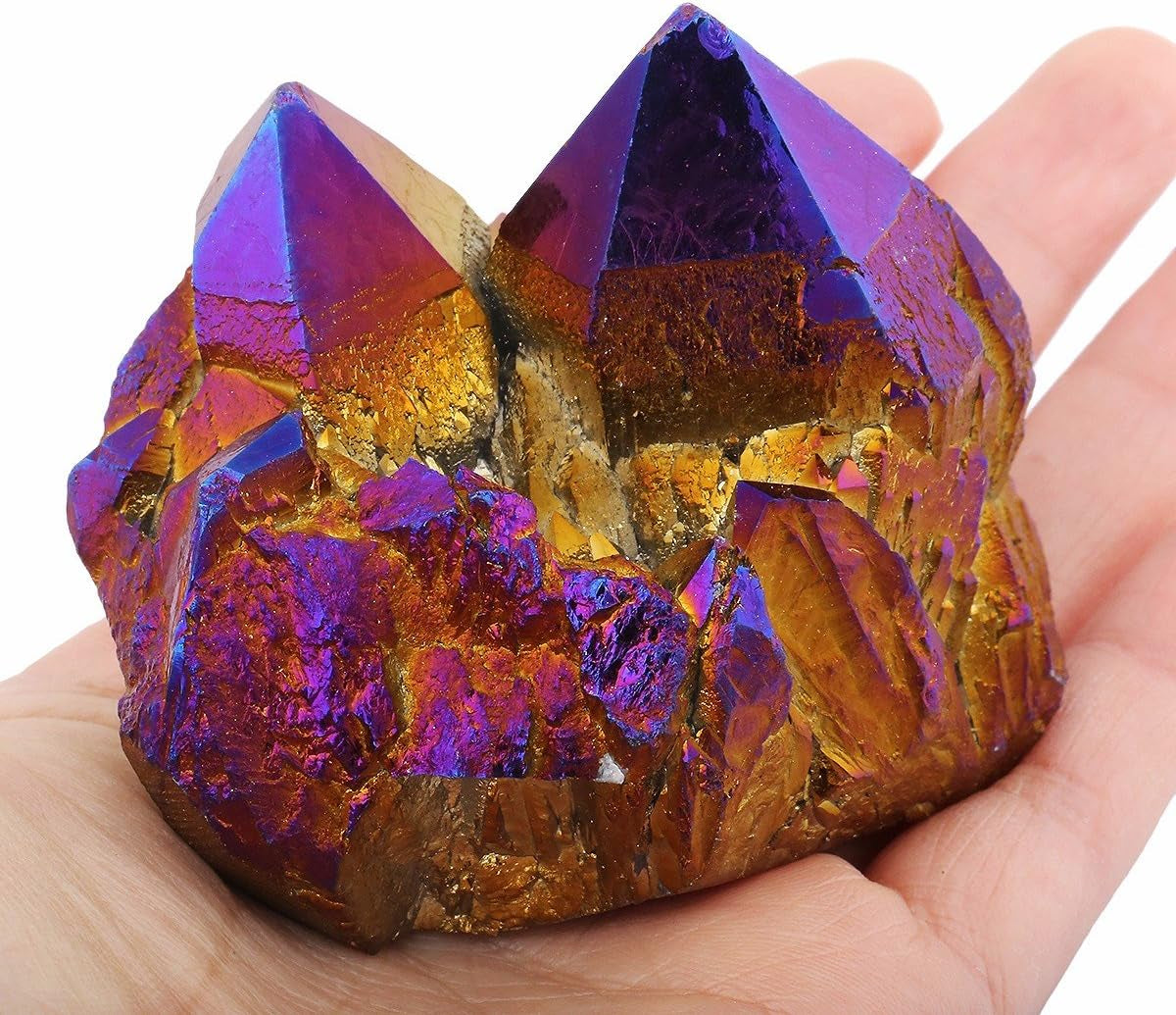 Mookaitedecor Titanium-Coated Natural Rock Crystal Cluster Geode Specimen in Purple and Gold