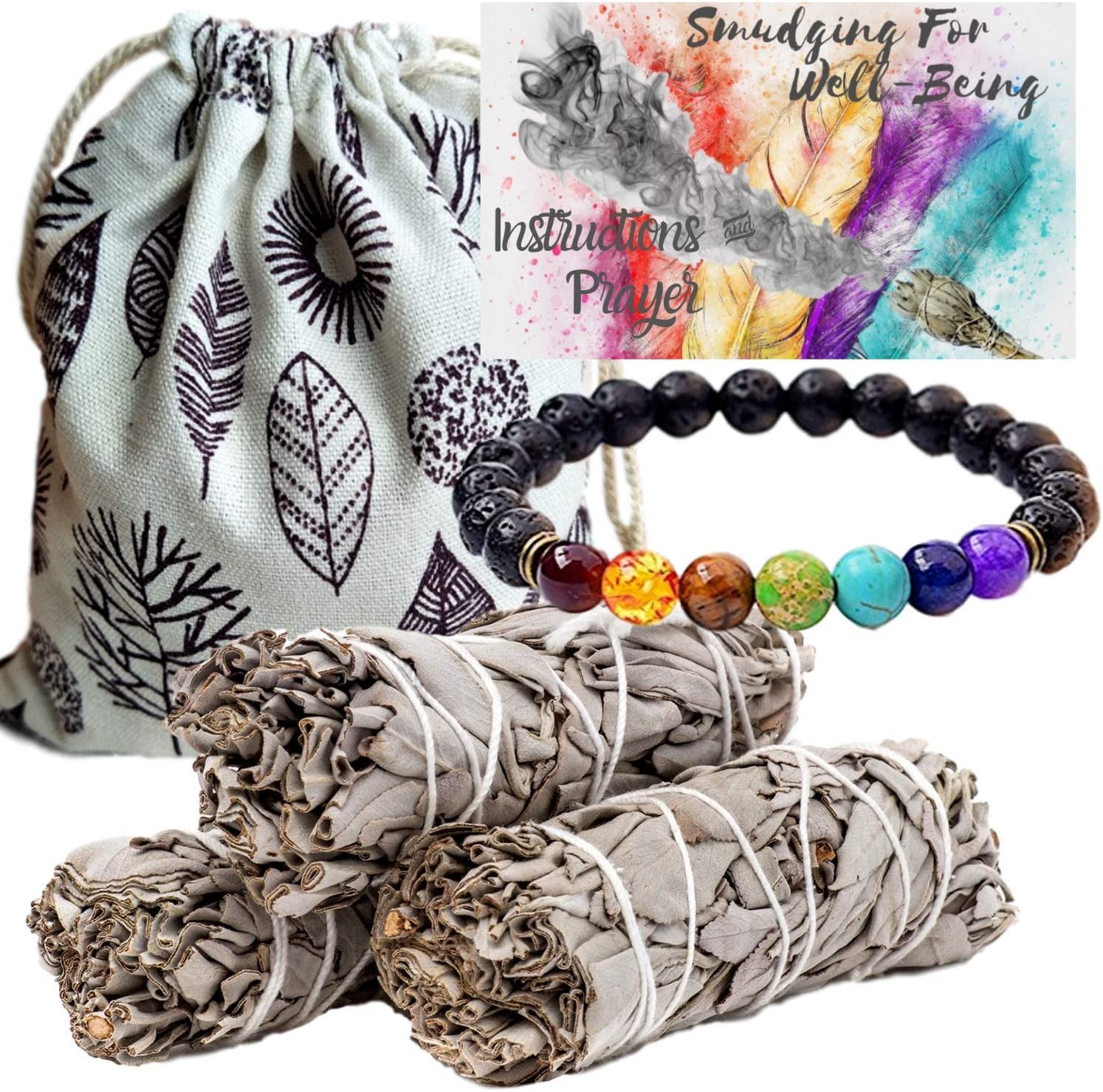Sage Smudge Kit with Three White Sage Sticks, Chakra Stones Diffuser Bracelet, Incense Sticks, Cleansing Instructions, and Charitable Contribution