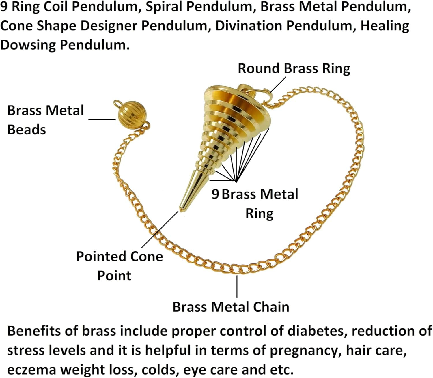 Brass Metal Spiral Pendulum with 9 Ring Coil - Designer Cone Shape for Divination and Healing Dowsing