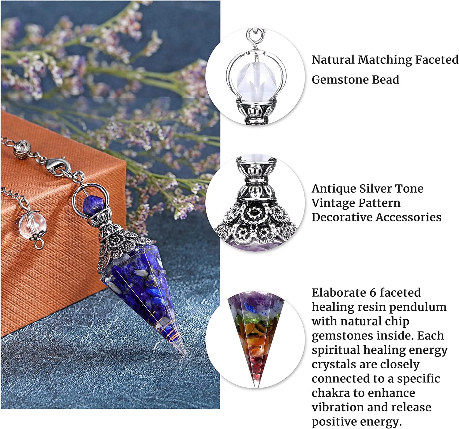 GEHECRST Natural Lapis Lazuli Healing Crystal Pendulum with Hexagonal Faceted Point, Orgone Resin Spiritual Pendant for Divination, Reiki, and Energy Balancing