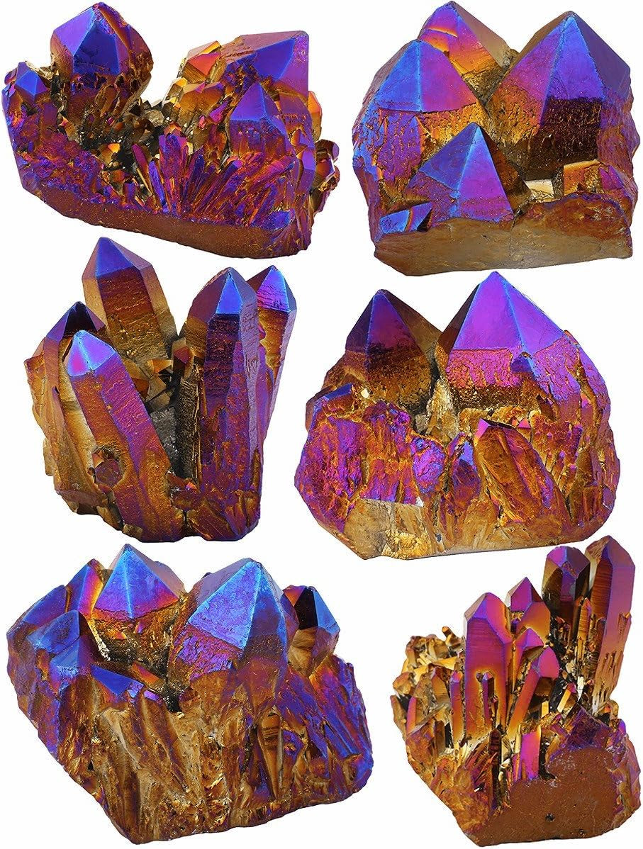 Mookaitedecor Titanium-Coated Natural Rock Crystal Cluster Geode Specimen in Purple and Gold