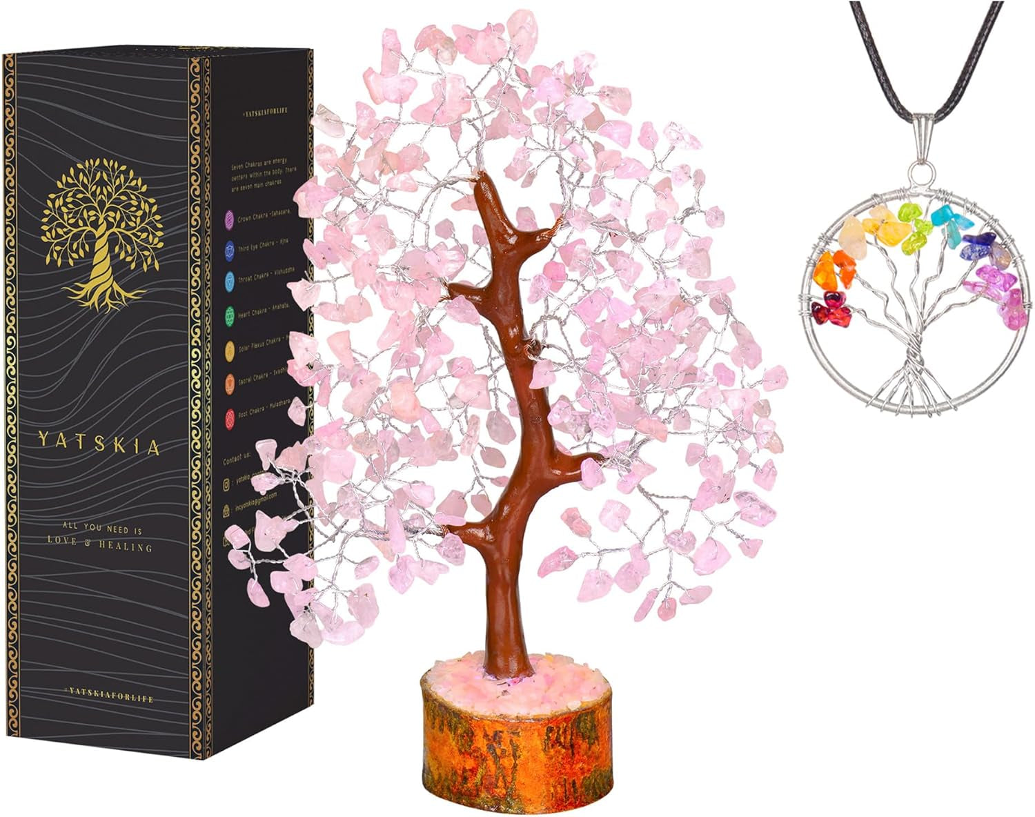 YATSKIA Rose Quartz Crystal Bonsai Tree of Life - Elegant Pink Office Decor - Gemstone Desk Decoration for Women