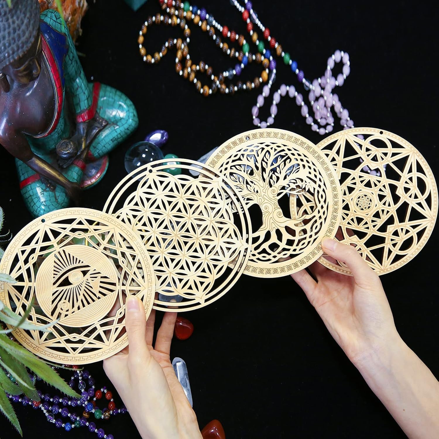 5.31" Sacred Geometry Wall Art Set of 4 (Eye of Horus, Flower of Life, Tree of Life, Metatron's Cube) - Crystal Grid Meditation and Chakra Wooden Decor for Yoga and Spiritual Gifting