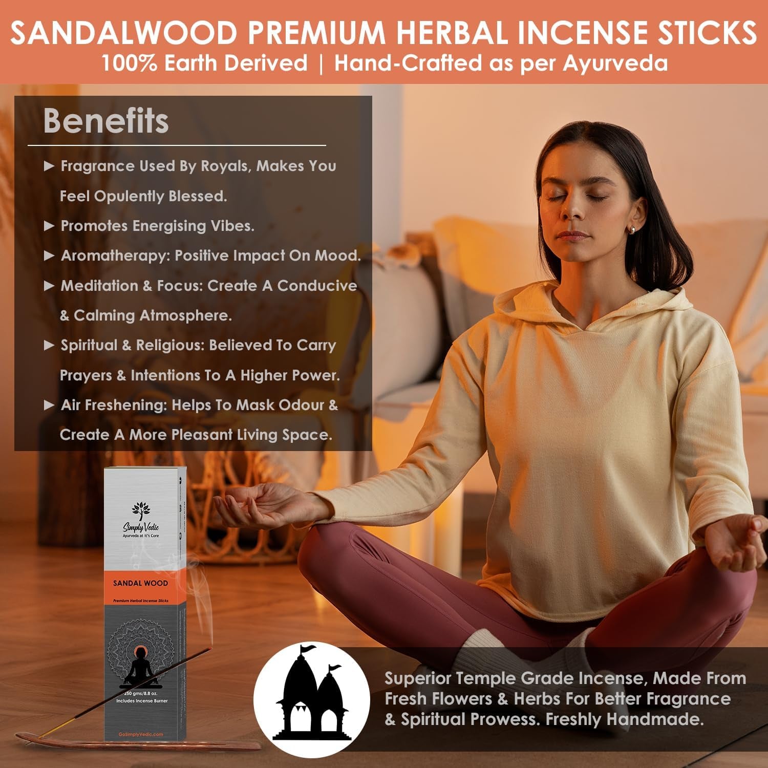 Vedic Sandalwood Incense Sticks 250G (Approx. 135 Handmade Sticks) with Complimentary Holder | 45-Minute Burn Time | Natural Charcoal-Free Agarbatti for Meditation, Yoga, Aromatherapy, and Relaxation