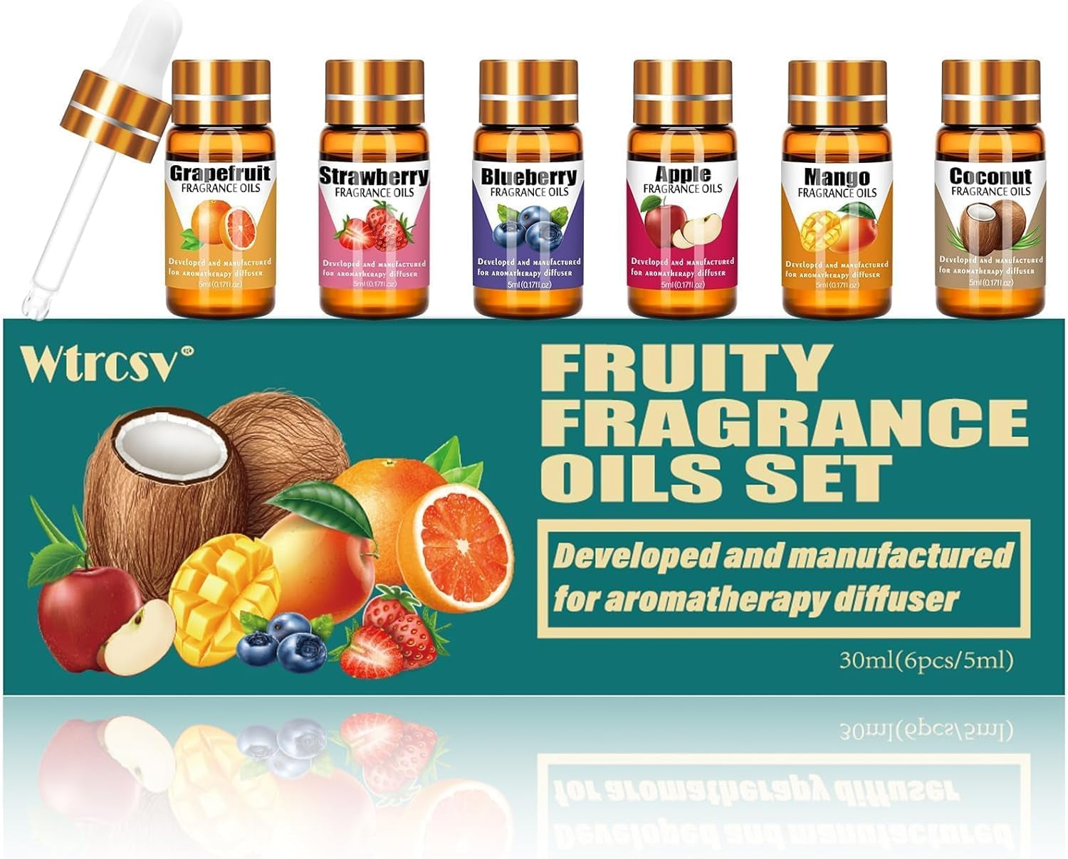 Fruity Fragrance Oil Set for Candle Making, Soap Making, and Aromatherapy - 6 Assorted Scents: Coconut, Blueberry, Grapefruit, Apple, Strawberry, Mango (5ml Each)