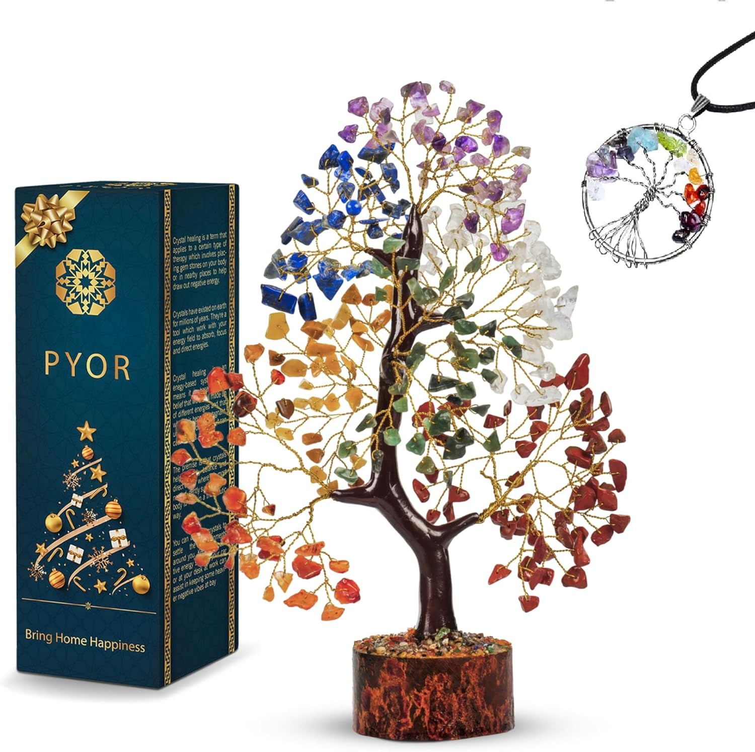 PYOR Chakra Tree with Crystals - Ideal Housewarming and Birthday Gifts for Women - Elegant Office Decor and Reiki Healing Gemstone Tree - Includes Crystal Star Merkaba