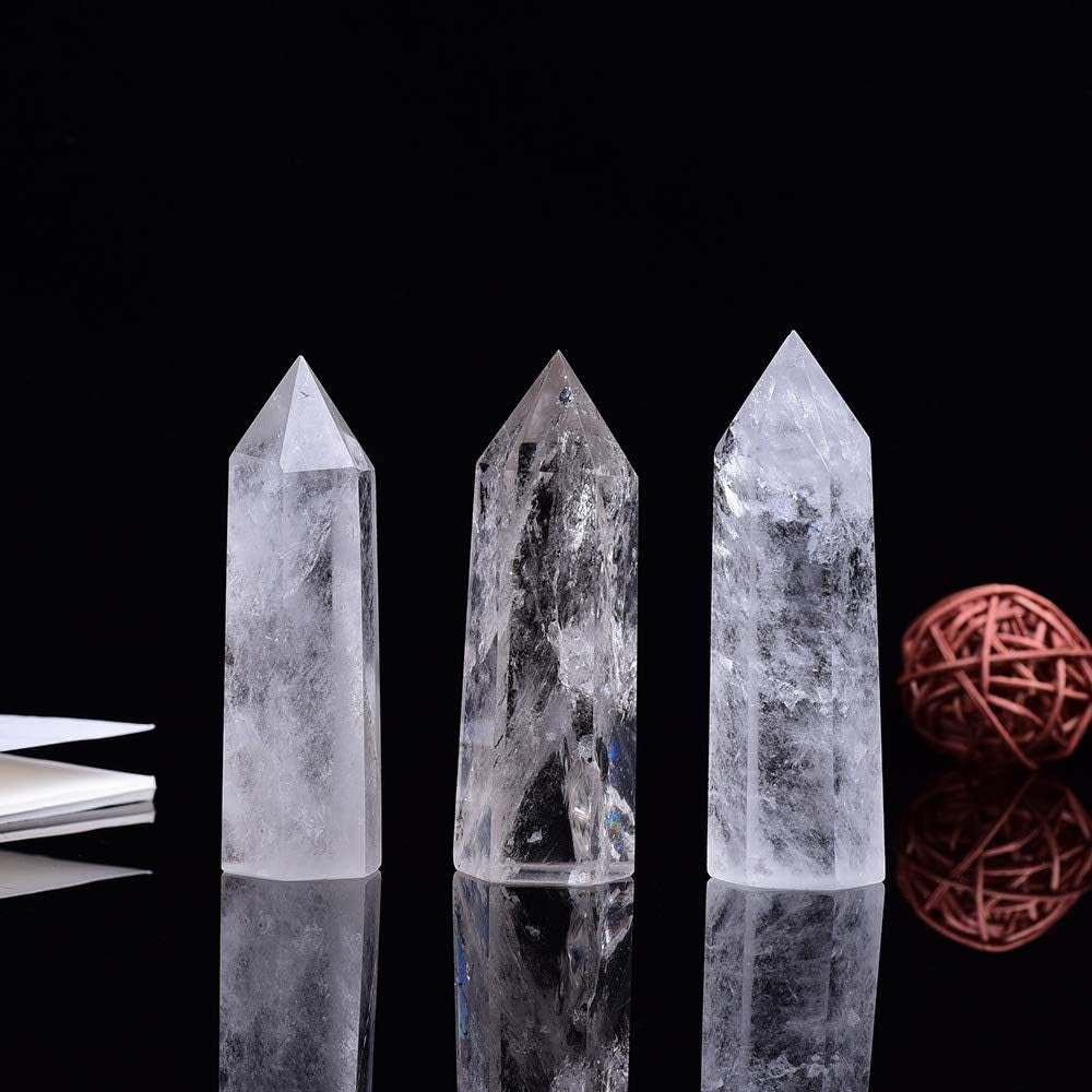 Runyangshi Natural Clear Quartz Healing Crystal Wands, 3.3"-3.5" Height, 6 Faceted Prism Design for Reiki and Chakra Healing