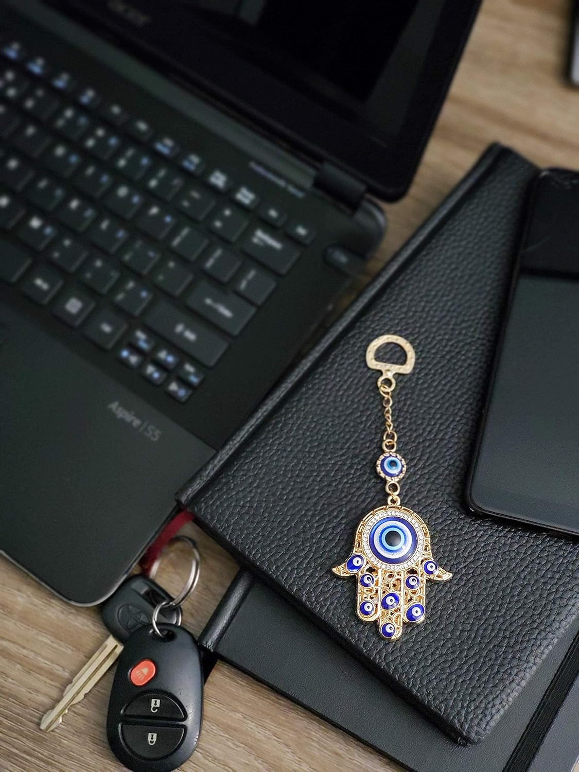 LUCKBOOSTIUM Hamsa Hand Evil Eye Keychain with Crystal Rhinestones - Good Luck Charm for Car Accessories, Decorative Hanging Ornament, and Bag Charms (Gold)