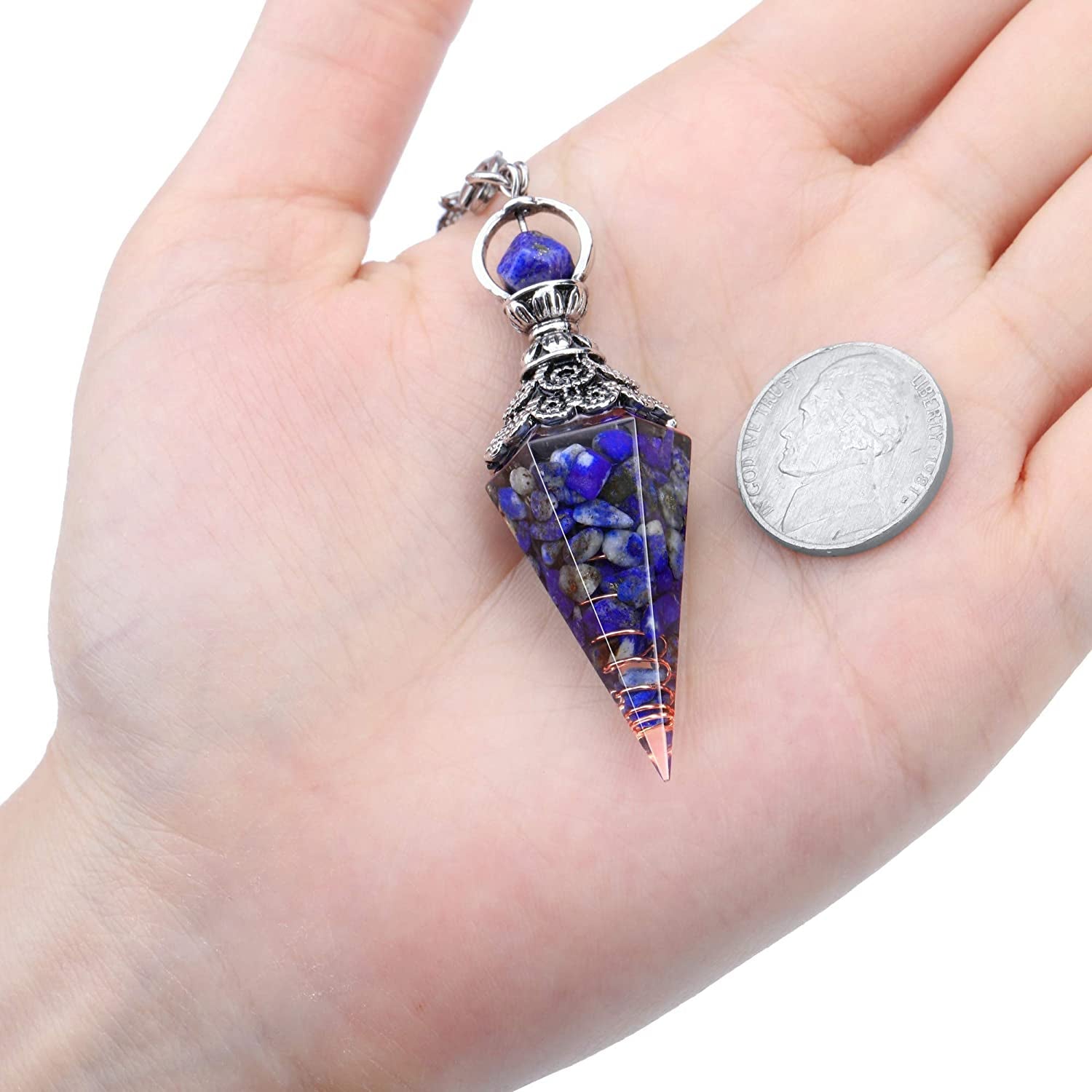 GEHECRST Natural Lapis Lazuli Healing Crystal Pendulum with Hexagonal Faceted Point, Orgone Resin Spiritual Pendant for Divination, Reiki, and Energy Balancing