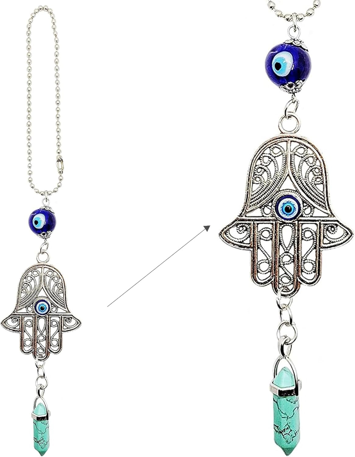 LUCKBOOSTIUM Hand Protection Amulet - Evil Eye Rearview Mirror Hanging Ornament and Good Luck Charm (2" x 11", White Turquoise)
