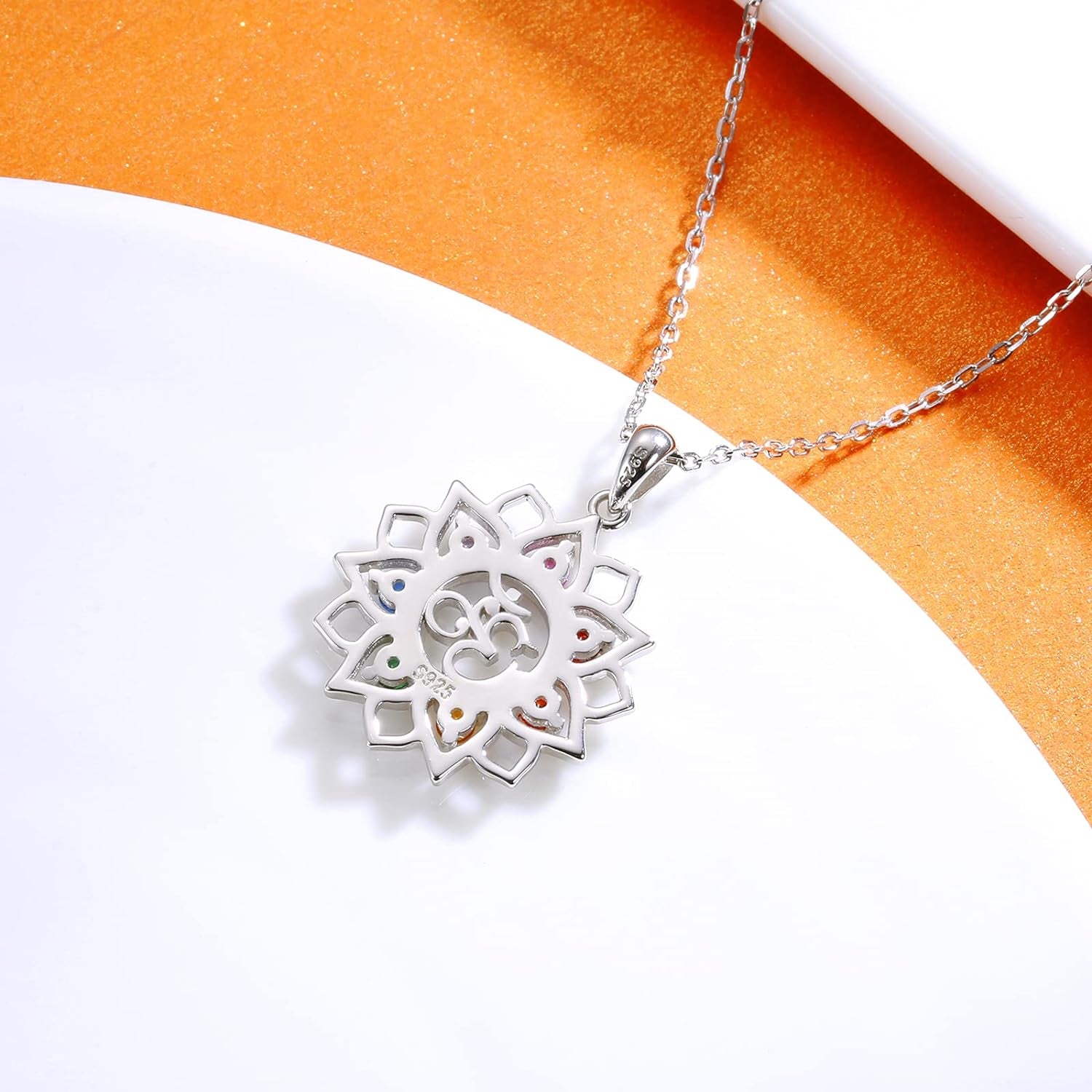 Chakra Yoga Lotus Flower Necklace in 925 Sterling Silver with Om Symbol and Crystal Pendant - Spiritual Jewelry Gift for Women