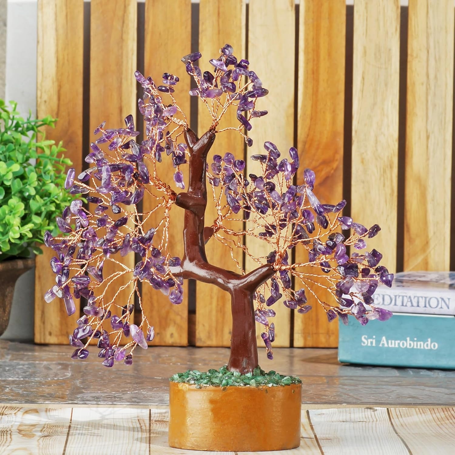 Amethyst Chakra Gemstone Money Tree of Life with Necklace - Handmade Spiritual Decor and Feng Shui Healing Crystal Figurine for Good Luck, Wealth, and Home Office Desk Decoration