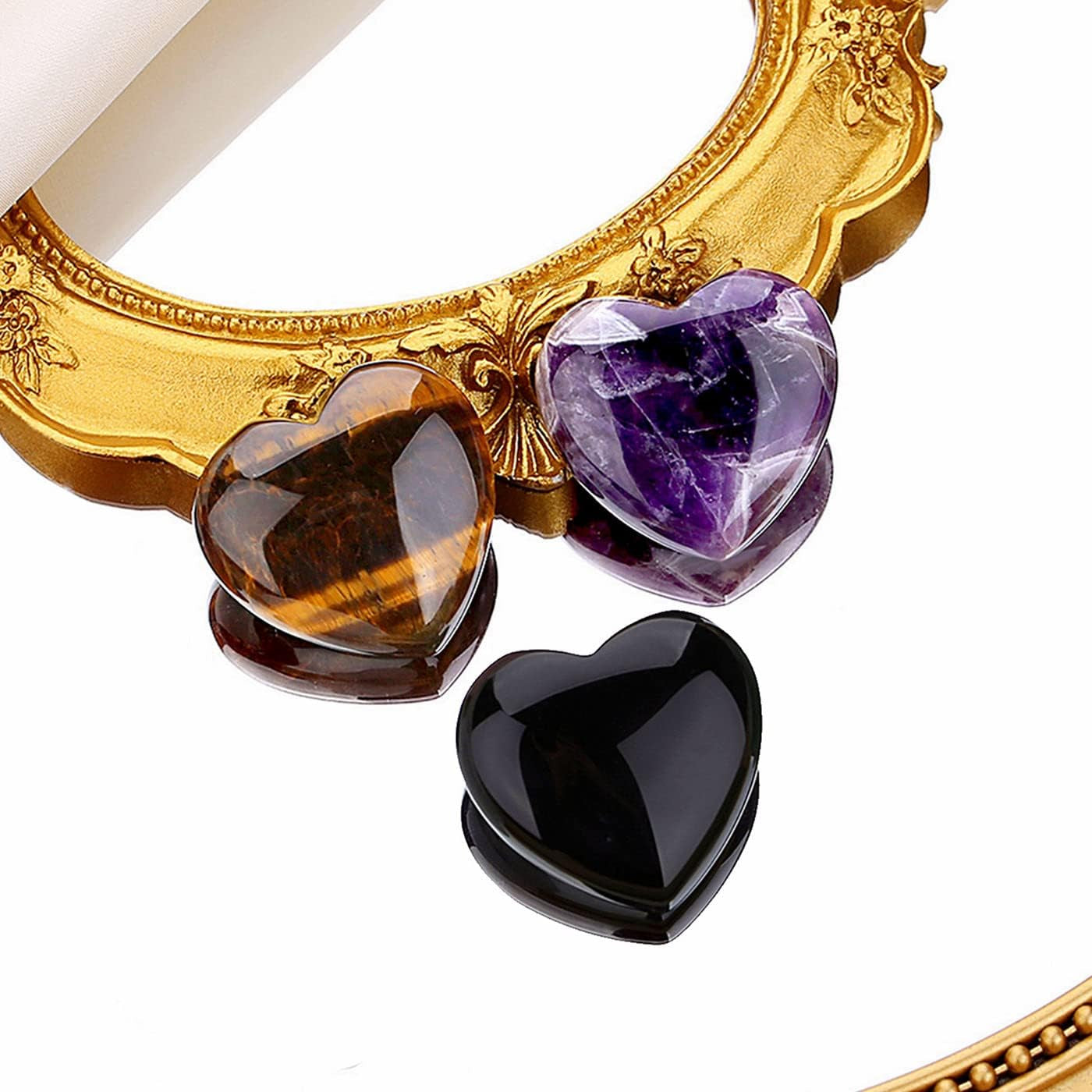 QINJIEJIE Set of 3 Large 1.2" Heart-Shaped Healing Crystals: Amethyst, Obsidian, and Tiger's Eye for Reiki Energy Balancing and Therapeutic Use
