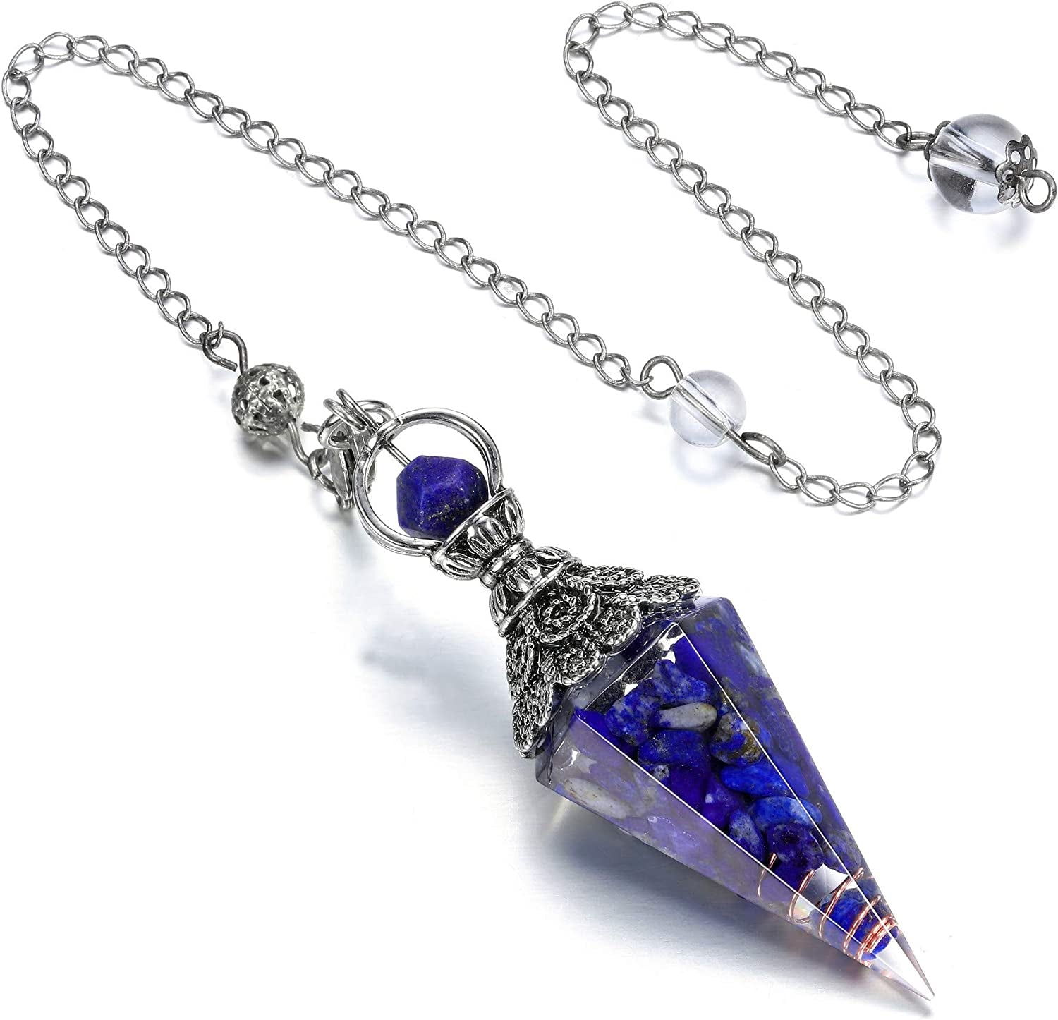GEHECRST Natural Lapis Lazuli Healing Crystal Pendulum with Hexagonal Faceted Point, Orgone Resin Spiritual Pendant for Divination, Reiki, and Energy Balancing