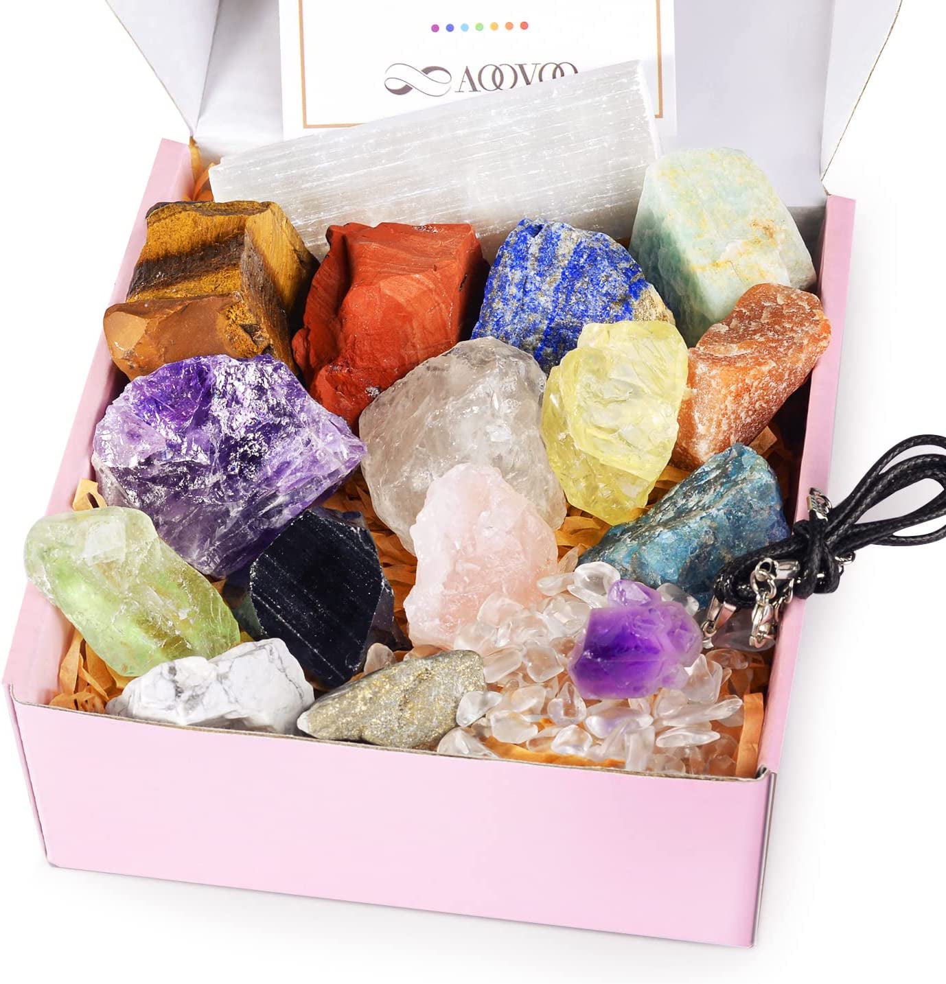 AOOVOO 26-Piece Healing Crystals and Stones Gift Set with 7 Raw Chakra Stones, 7 Tumbled Gemstones, Amethyst Necklace, Selenite Plate, Lava Bracelet, Clear Quartz, and Gift Box