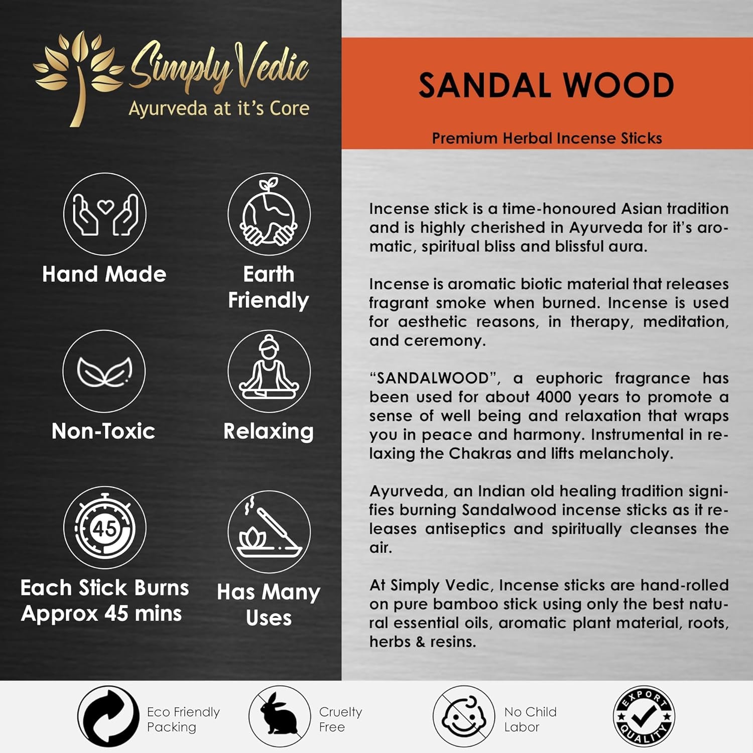 Vedic Sandalwood Incense Sticks 250G (Approx. 135 Handmade Sticks) with Complimentary Holder | 45-Minute Burn Time | Natural Charcoal-Free Agarbatti for Meditation, Yoga, Aromatherapy, and Relaxation