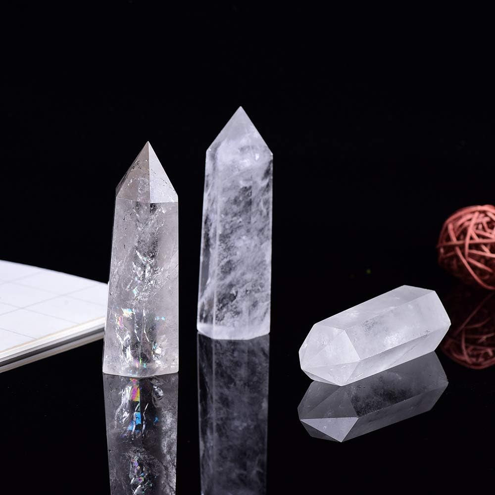 Runyangshi Natural Clear Quartz Healing Crystal Wands, 3.3"-3.5" Height, 6 Faceted Prism Design for Reiki and Chakra Healing