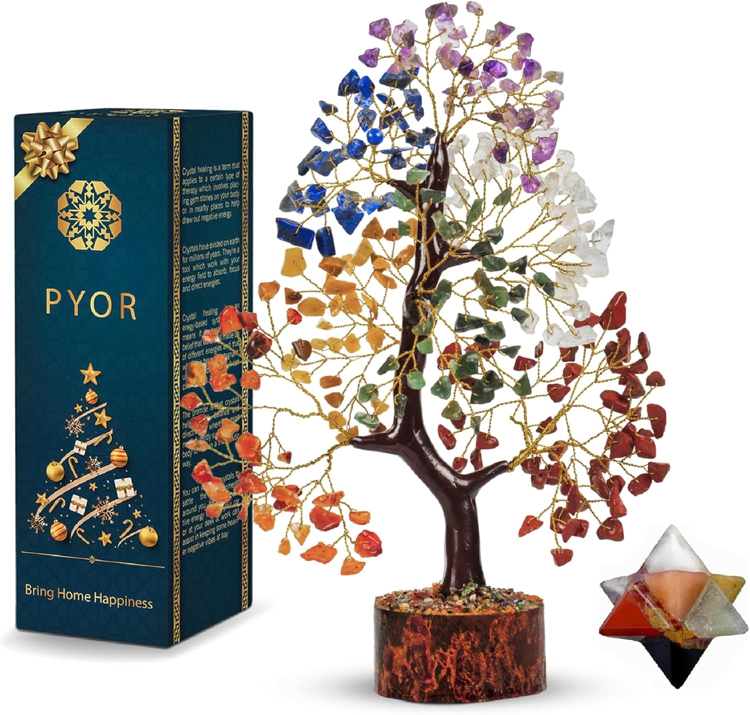 PYOR Chakra Tree with Crystals - Ideal Housewarming and Birthday Gifts for Women - Elegant Office Decor and Reiki Healing Gemstone Tree - Includes Crystal Star Merkaba
