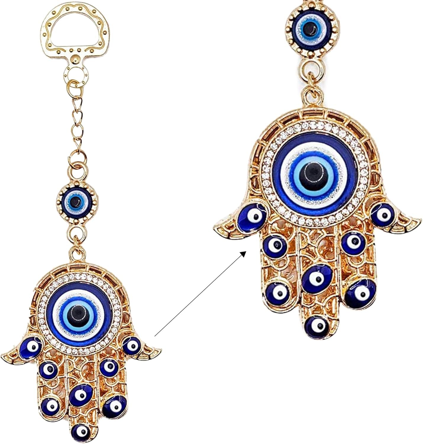 LUCKBOOSTIUM Hamsa Hand Evil Eye Keychain with Crystal Rhinestones - Good Luck Charm for Car Accessories, Decorative Hanging Ornament, and Bag Charms (Gold)