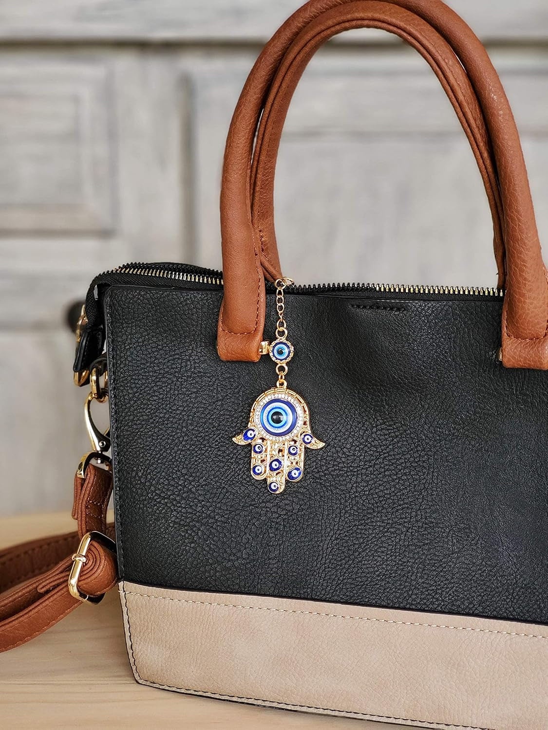 LUCKBOOSTIUM Hamsa Hand Evil Eye Keychain with Crystal Rhinestones - Good Luck Charm for Car Accessories, Decorative Hanging Ornament, and Bag Charms (Gold)