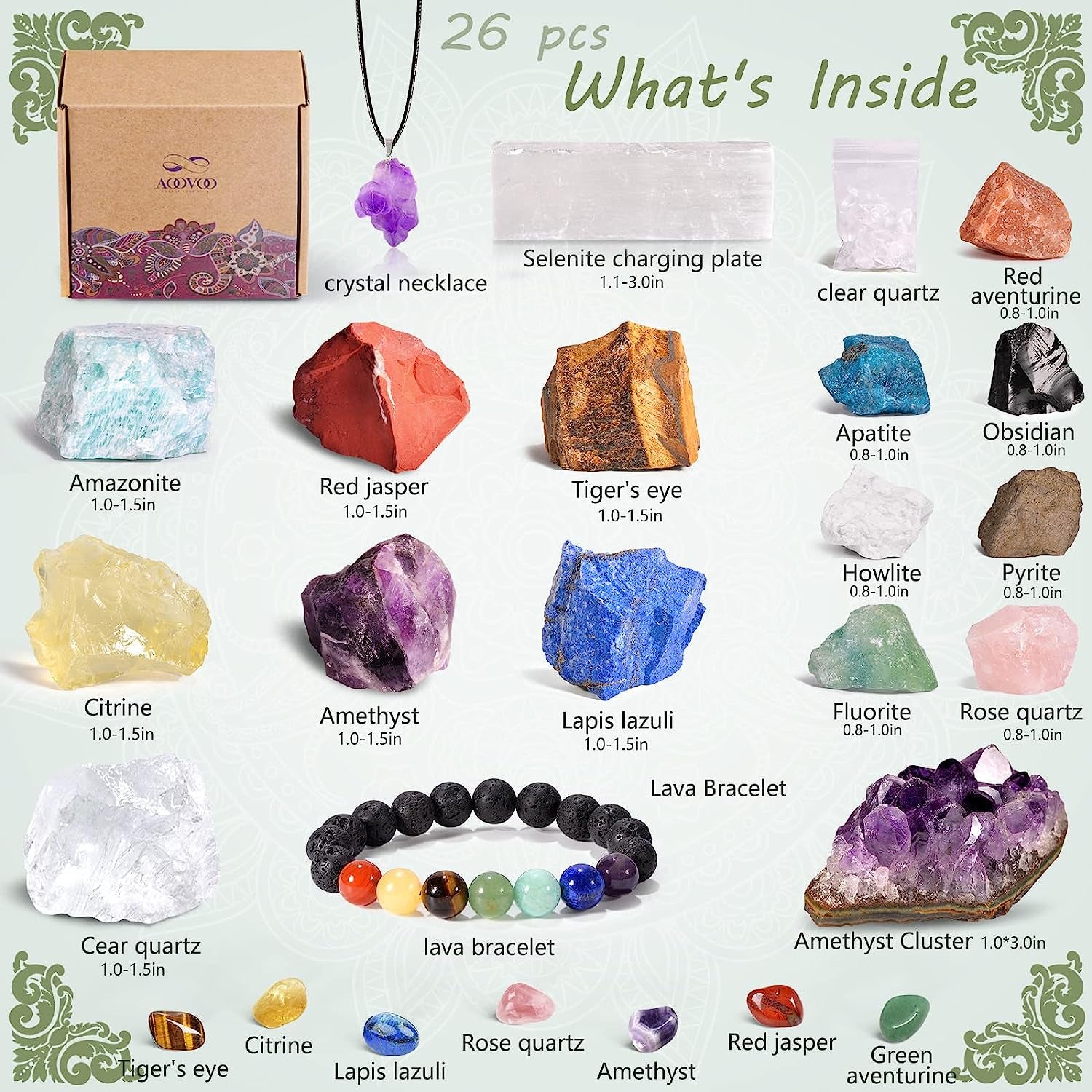 AOOVOO 26-Piece Healing Crystals and Stones Gift Set with 7 Raw Chakra Stones, 7 Tumbled Gemstones, Amethyst Necklace, Selenite Plate, Lava Bracelet, Clear Quartz, and Gift Box