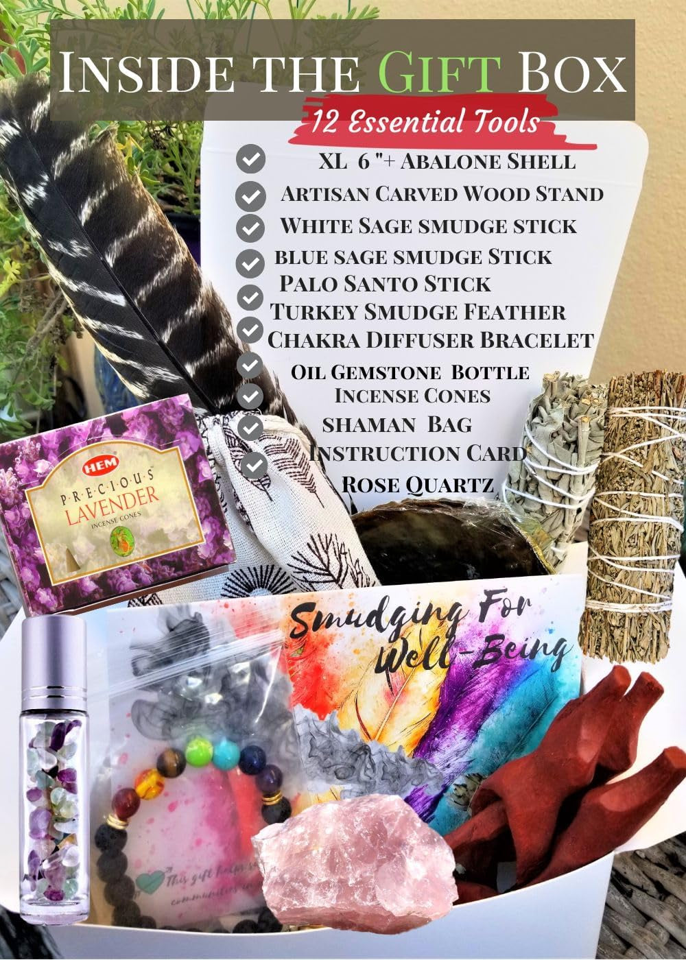 Sage Smudge Kit: Comprehensive 12-Piece Spiritual Gift Set with XL Abalone Shell for Cleansing and Healing Energy (Tiger's Eye/Lavender)