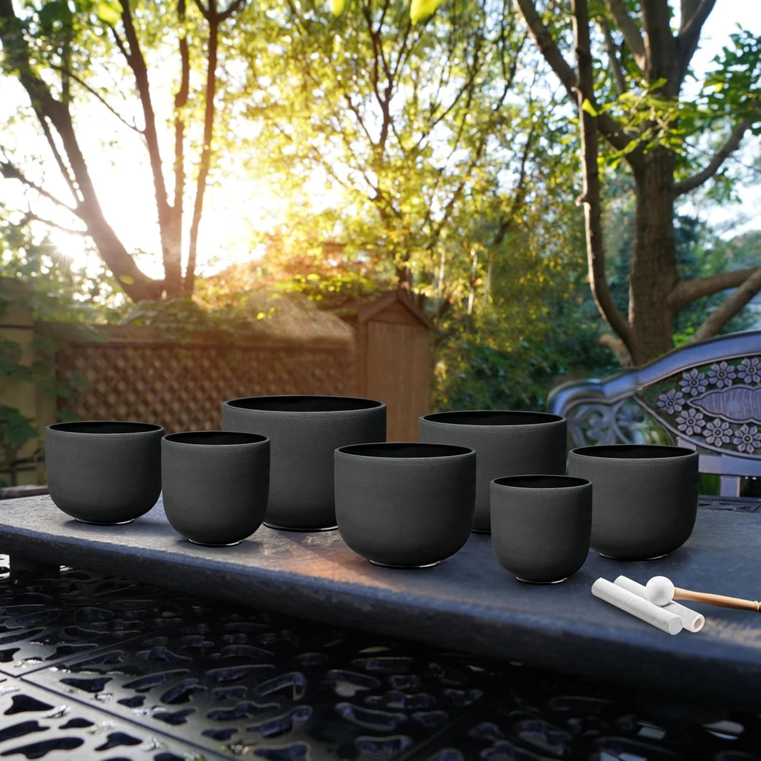 Ryan Dvan 7-12 Inch Frosted Quartz Crystal Singing Bowl Set for Sound Therapy with Mallets, Cases, and O-Ring for Yoga, Meditation, Energy Balancing, and Reiki Healing